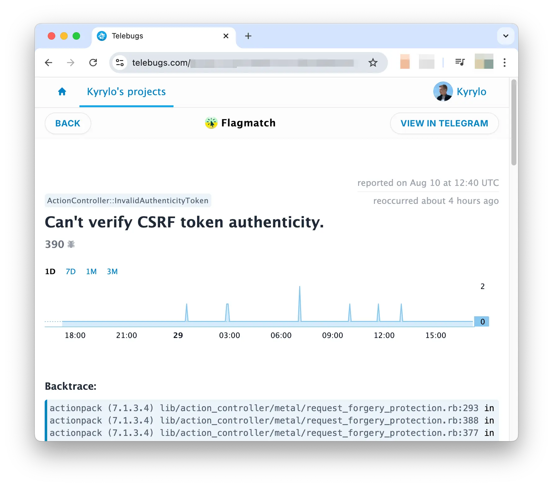 Telebugs error view showing a detailed error report about an ActionController::InvalidAuthenticityToken error