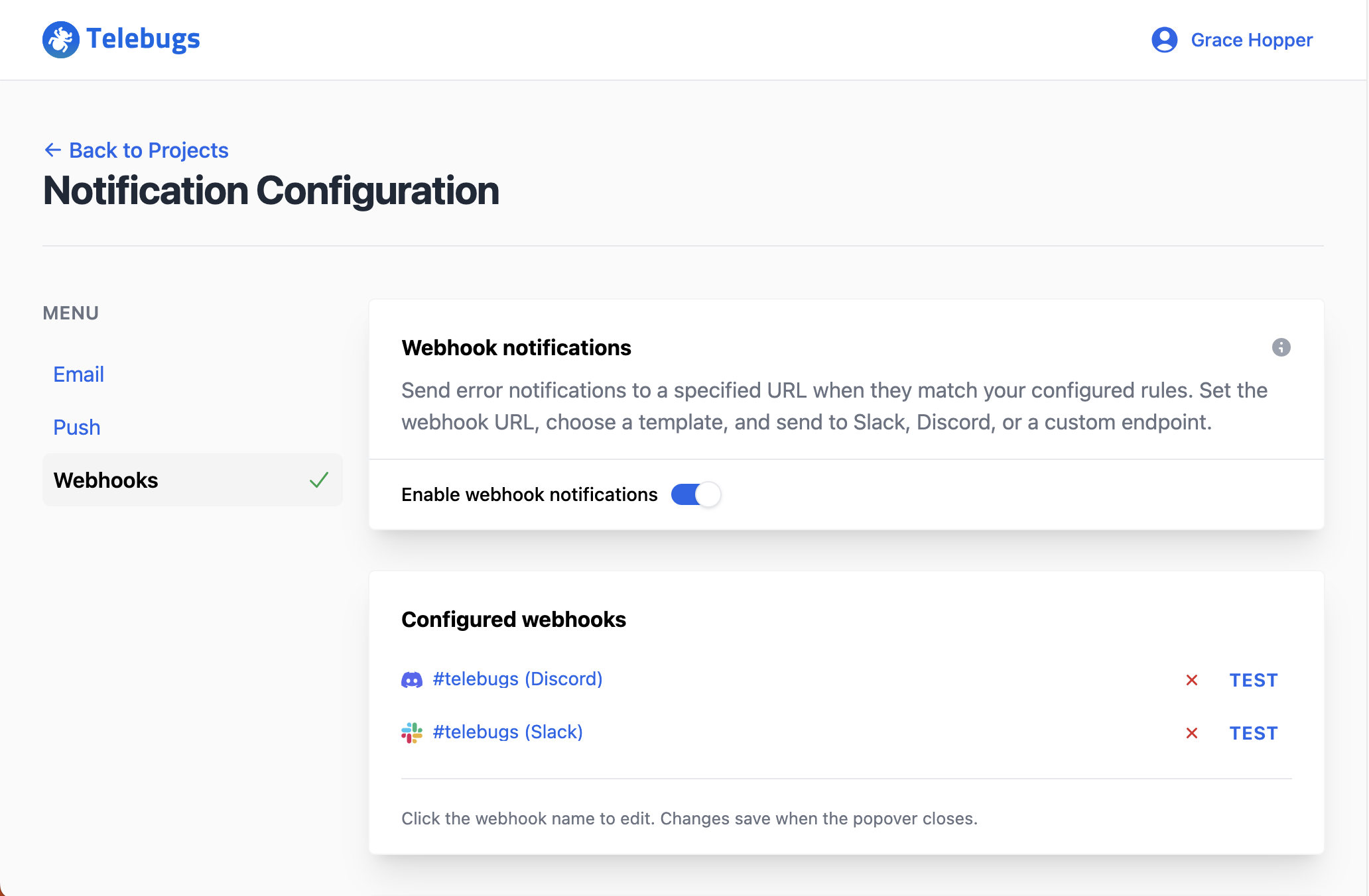 Webhook notification settings in Telebugs