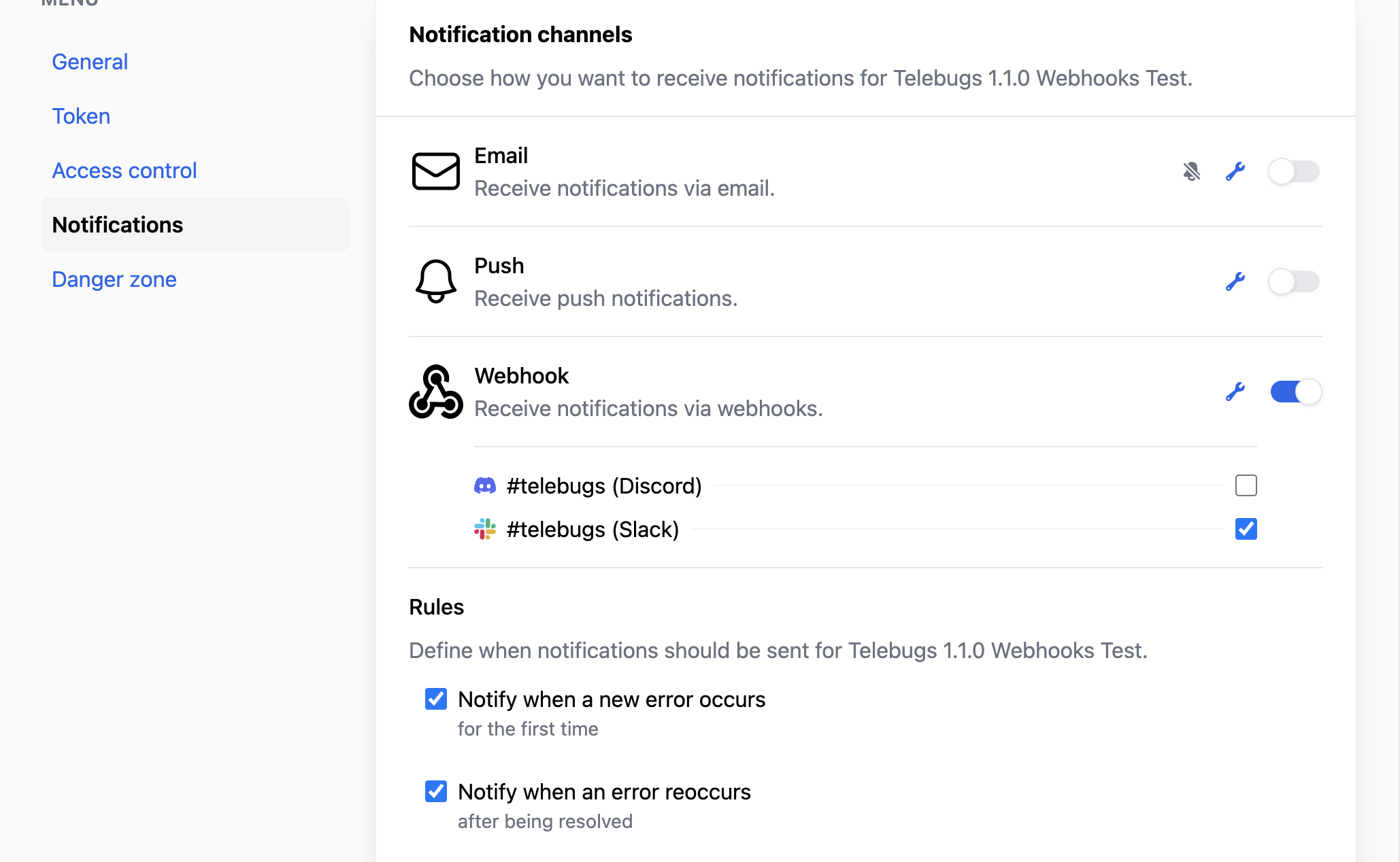 Webhook configuration for a Telebugs project