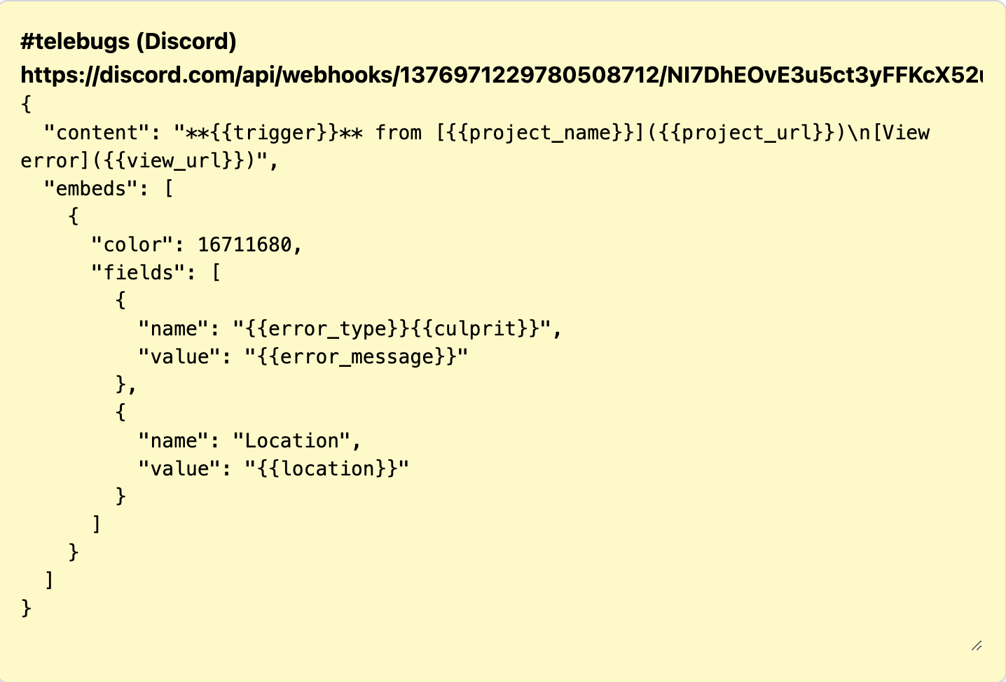 Form for editing a Telebugs webhook