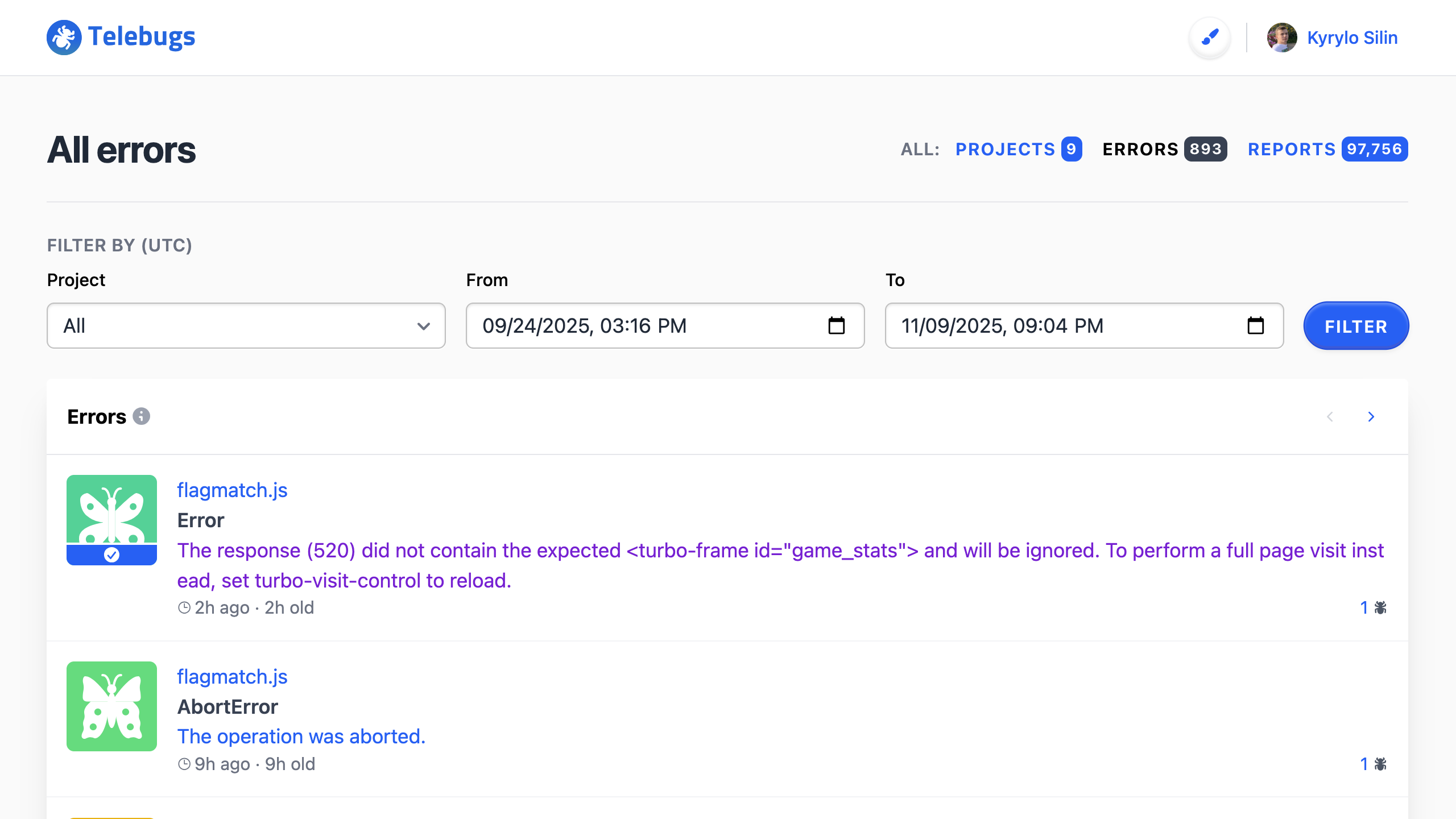 The All Errors view in Telebugs