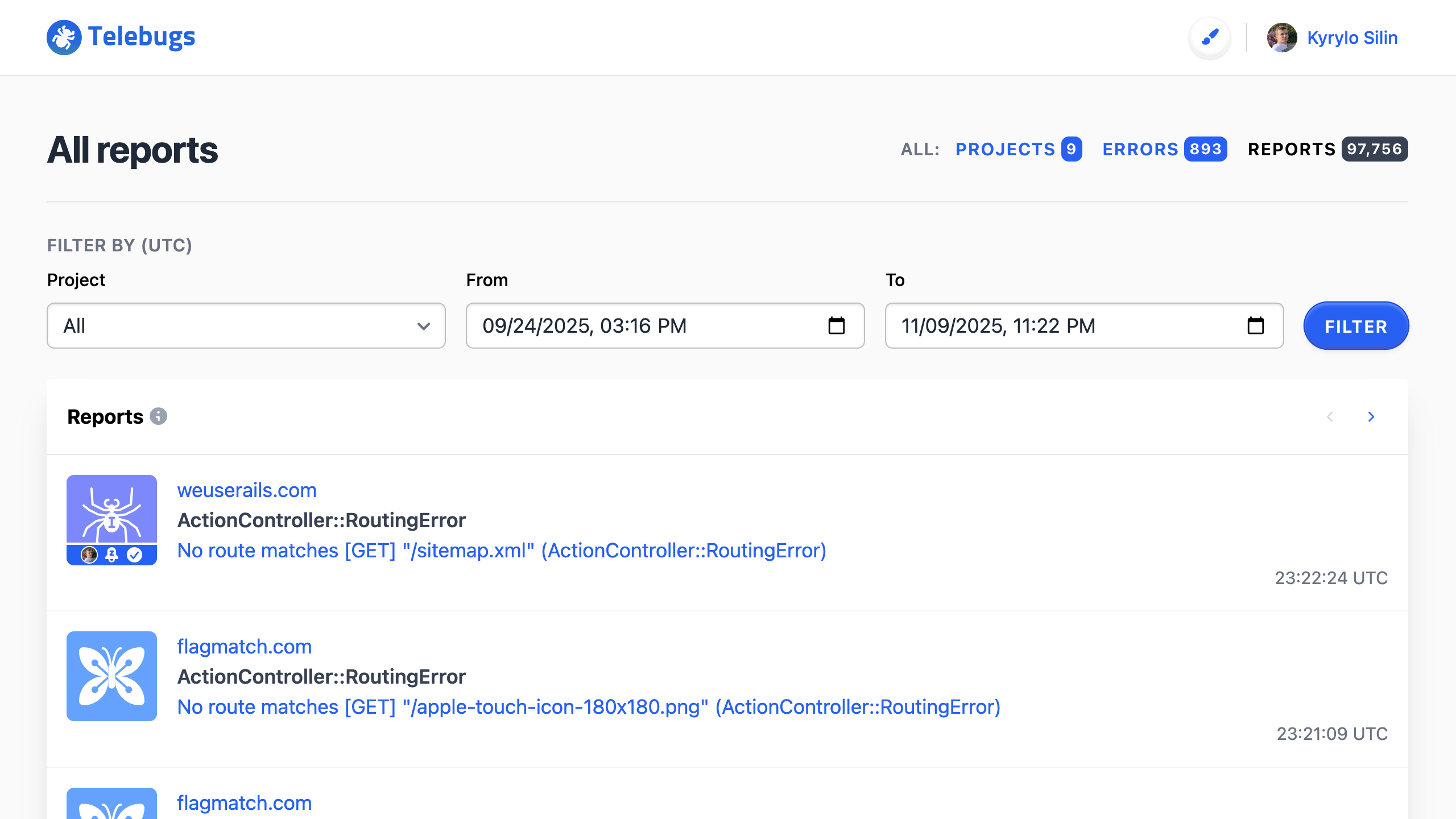 The All Reports view in Telebugs