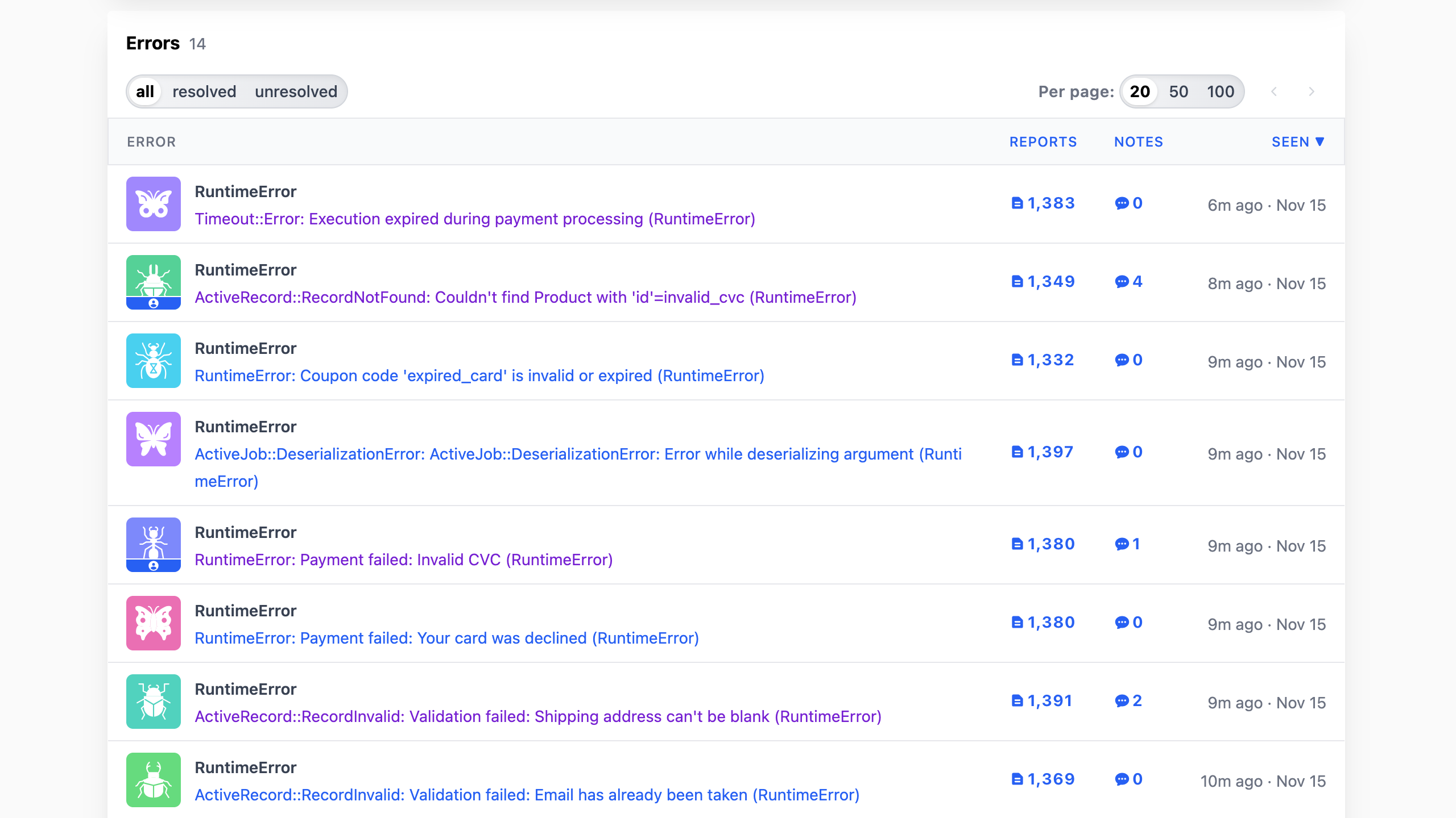 The new table layout for project errors in Telebugs