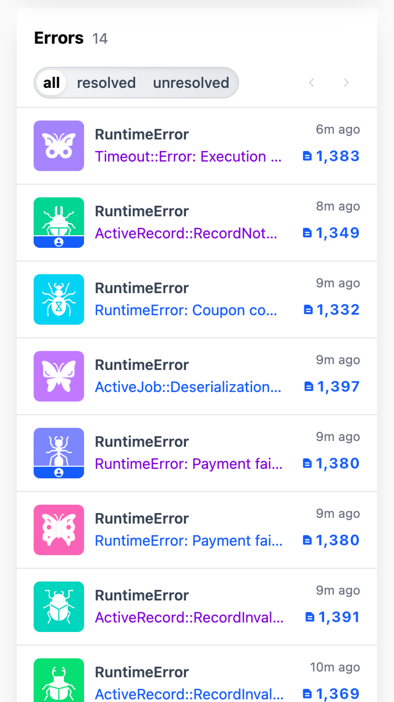 Project errors table on mobile in Telebugs