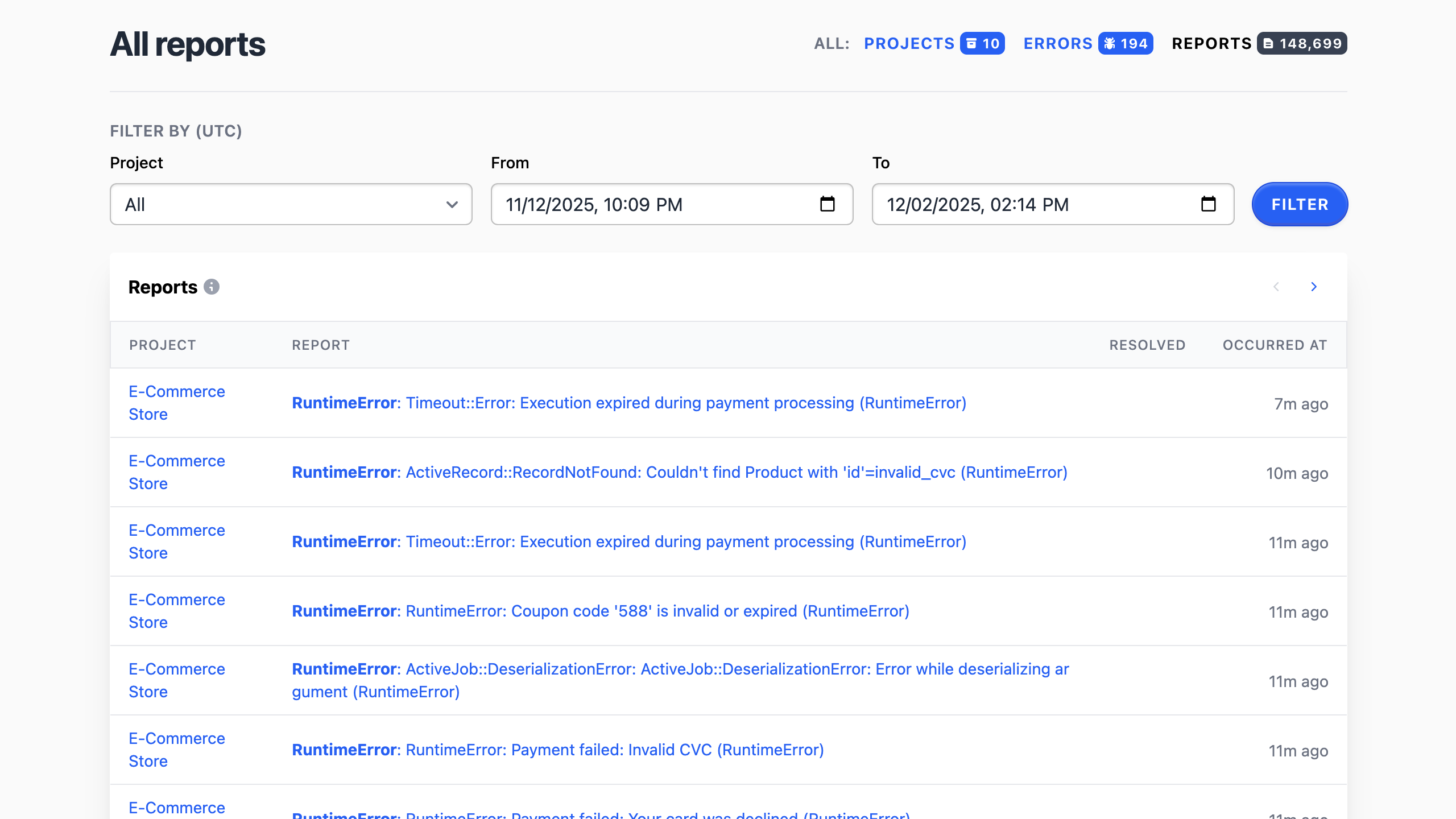 The redesigned All Reports table in Telebugs