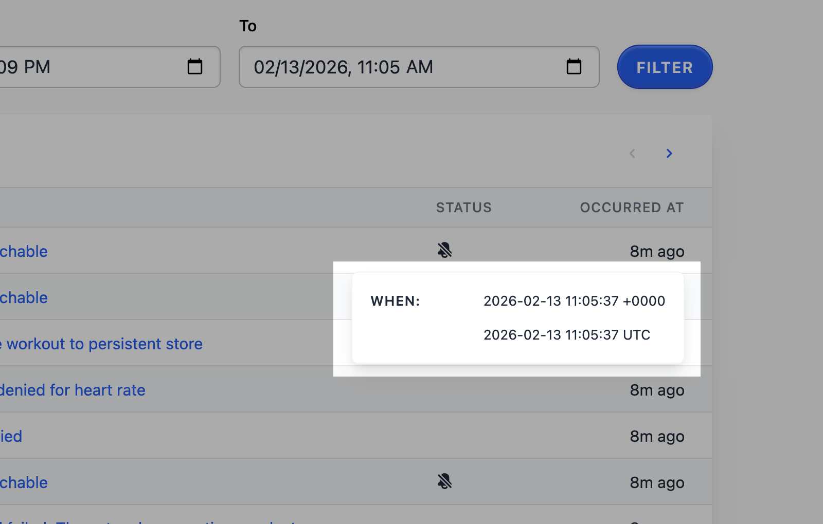 Hovering to see project-local and UTC times.