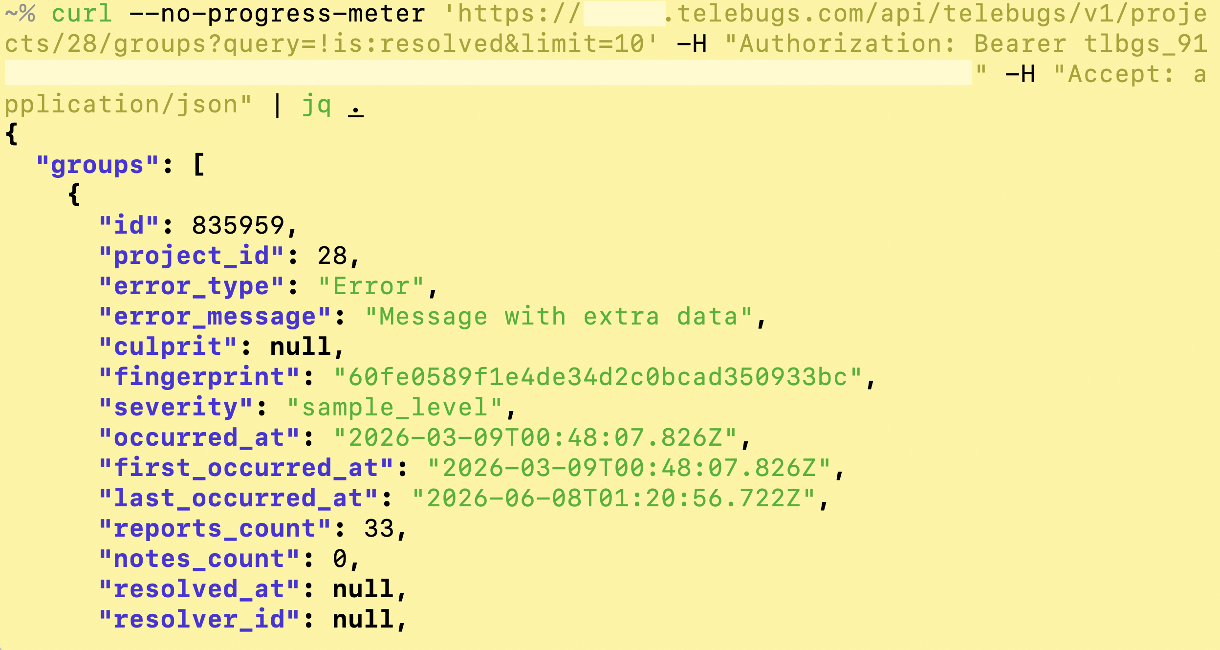 Example request to the Telebugs REST API