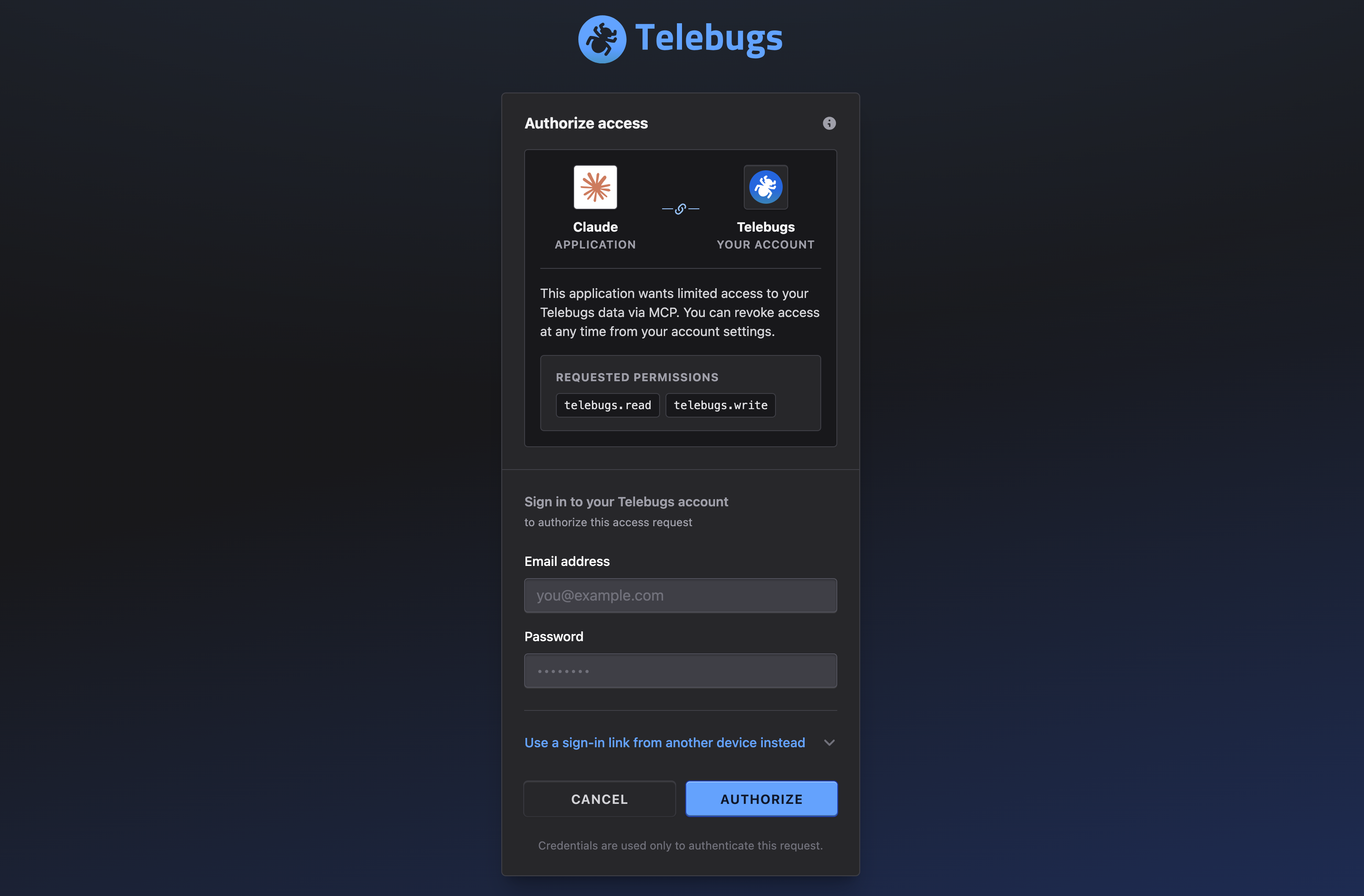 Telebugs MCP authorization consent screen with requested permissions