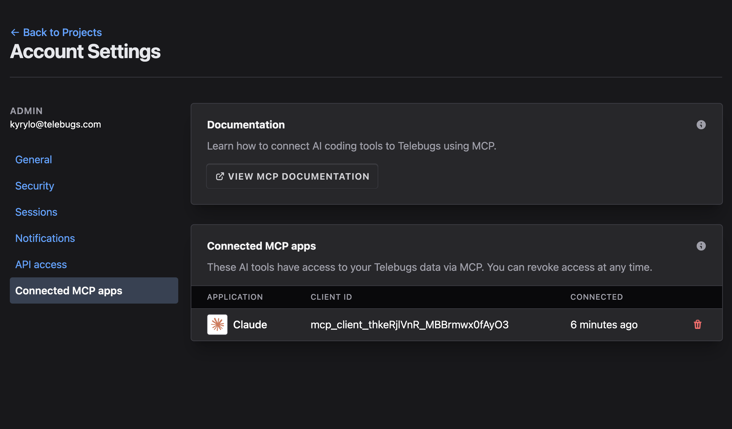 Connected MCP apps in Telebugs account settings