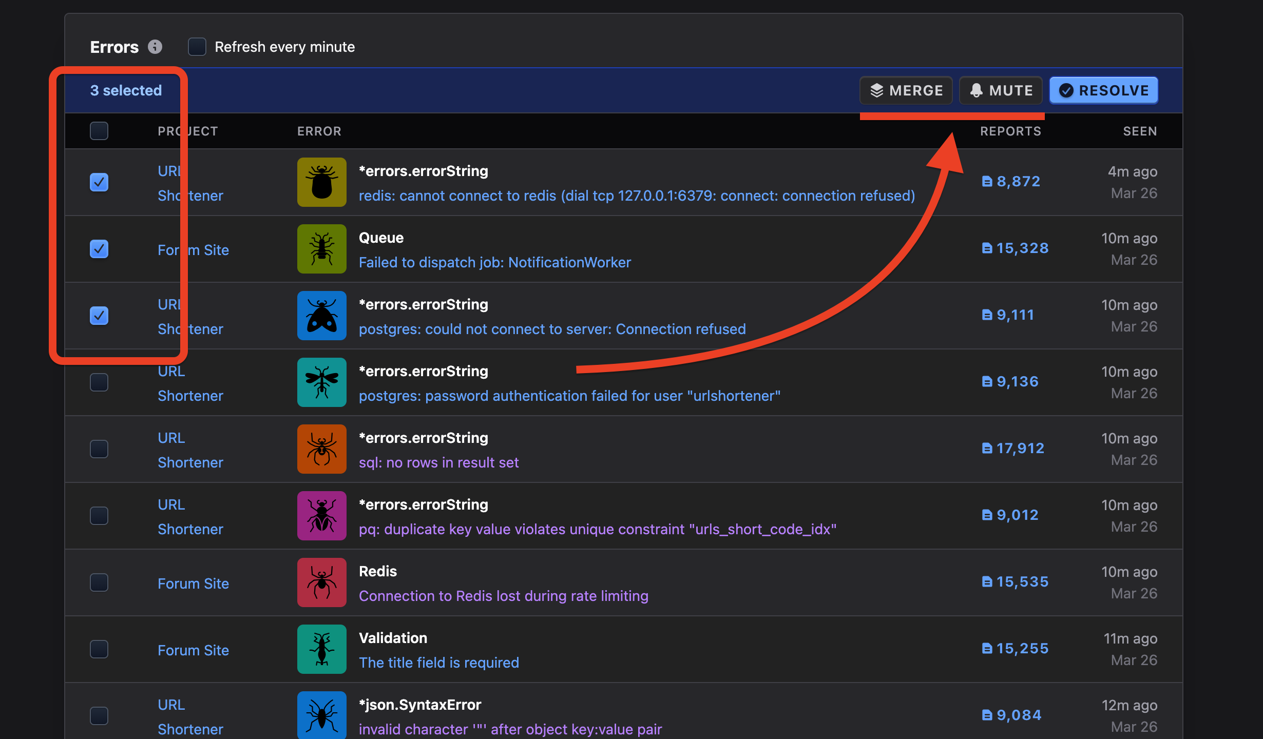Bulk mute, unmute, and merge actions in Telebugs