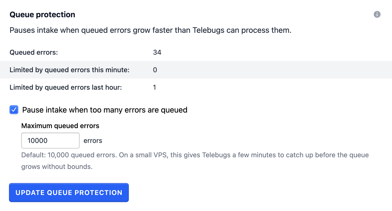 Queue protection settings in Telebugs
