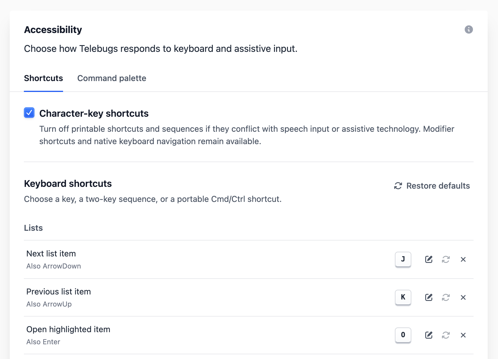 Telebugs accessibility settings showing configurable character-key shortcuts for navigating error lists.