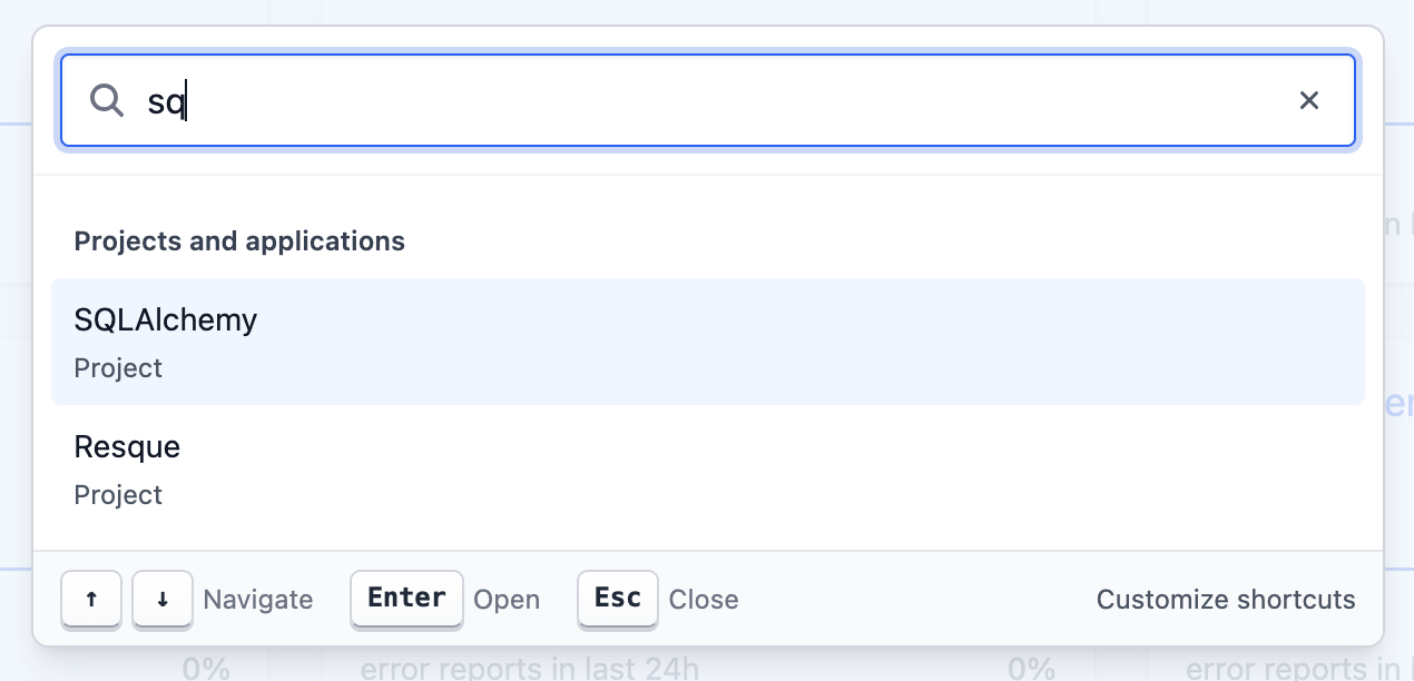 Telebugs project switcher filtered to matching projects and applications, with keyboard navigation hints.
