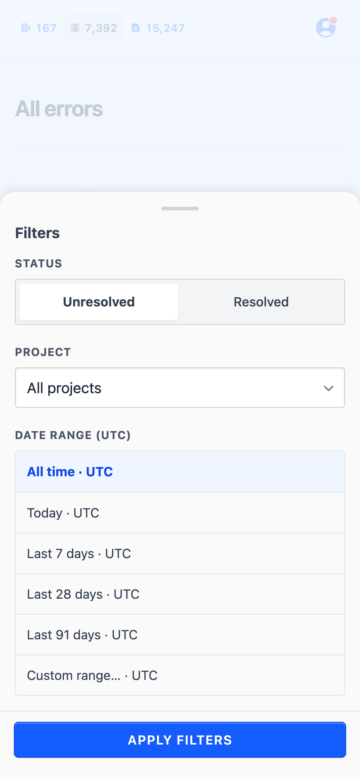 Telebugs mobile filter sheet showing status, project, and UTC date-range controls with an Apply Filters button.