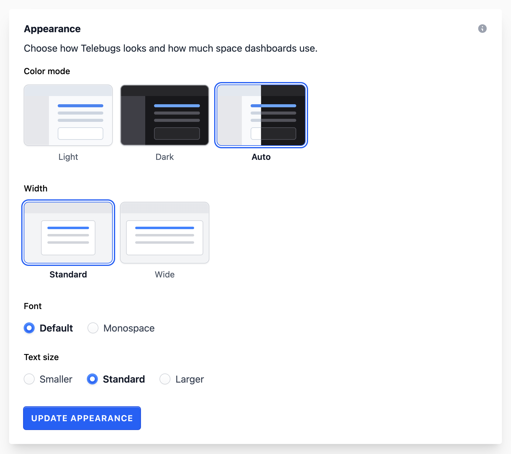 Telebugs Appearance settings with color mode, dashboard width, font, and text-size choices.