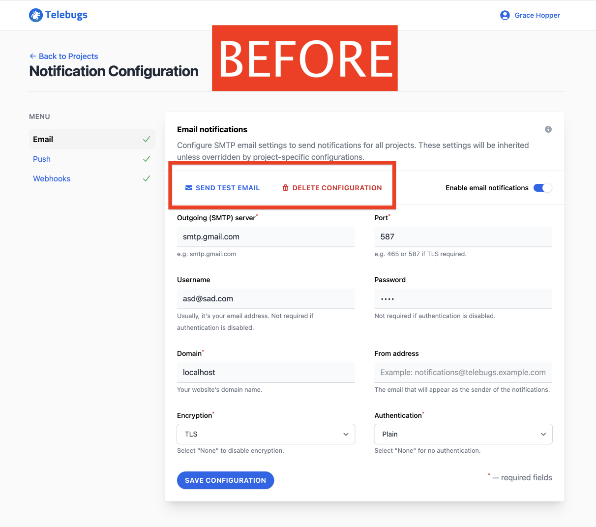 WEmail notifications configuration in Telebugs (before)