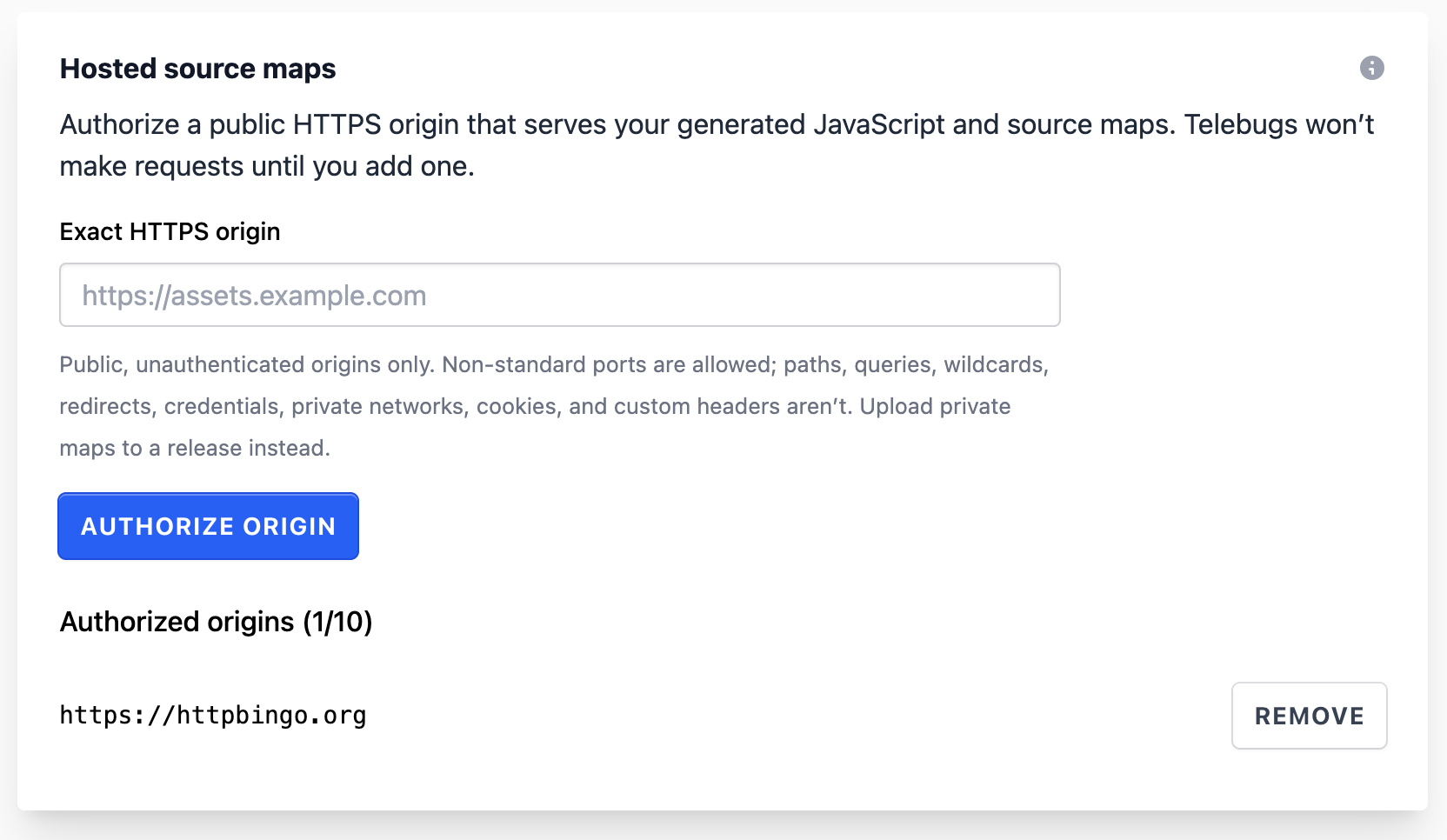 Telebugs project settings with httpbingo.org authorized for hosted source map discovery.