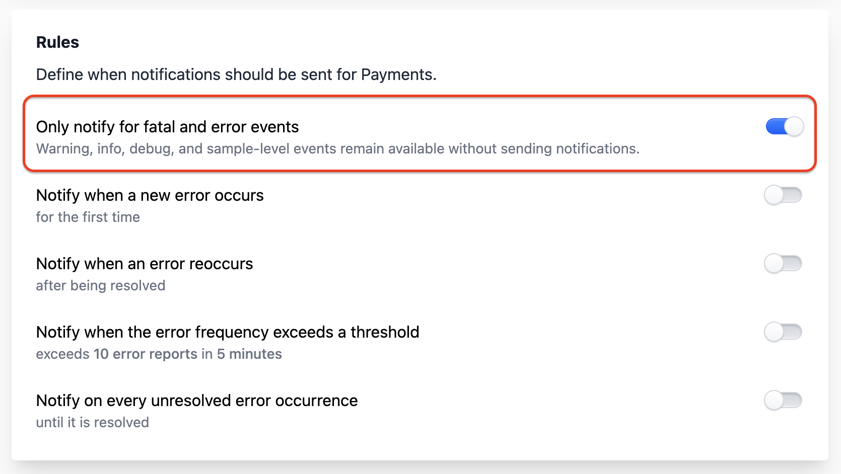 Telebugs notification rules with notifications limited to fatal and error events.