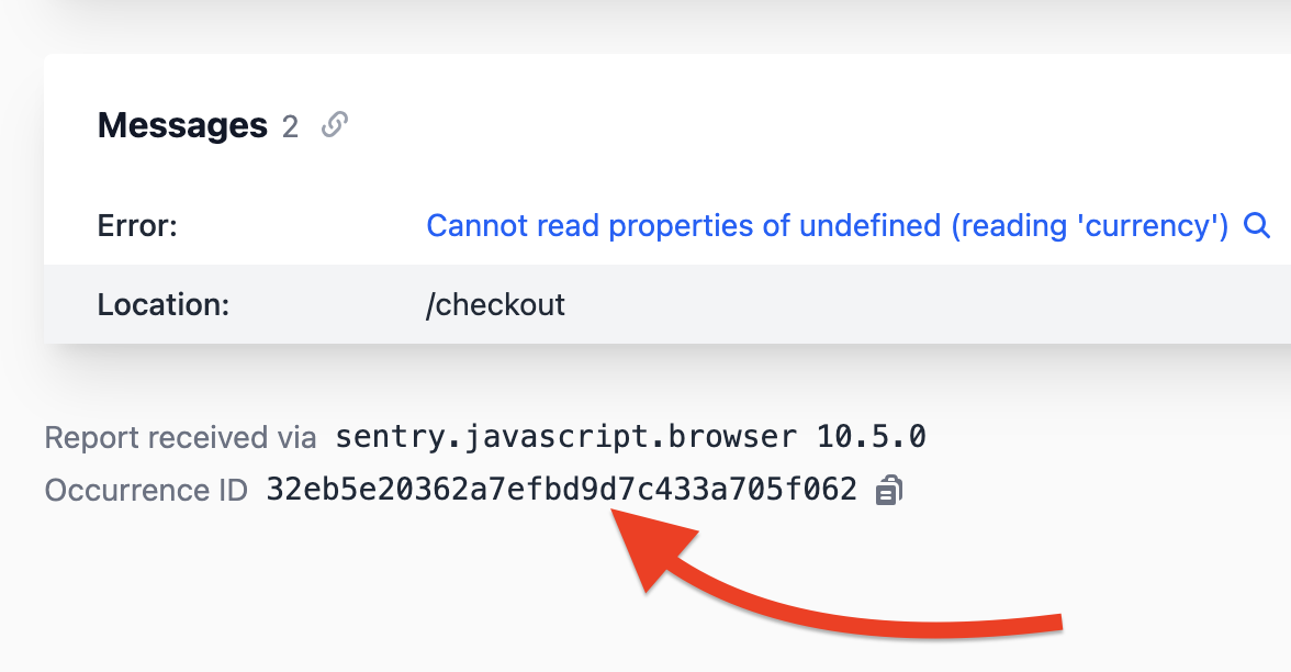 A Telebugs report showing its occurrence ID and copy action below the error details.