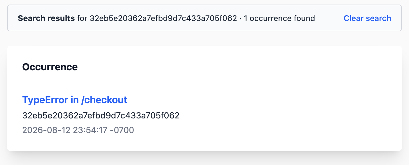 Telebugs project search showing the report that matches an exact occurrence ID.