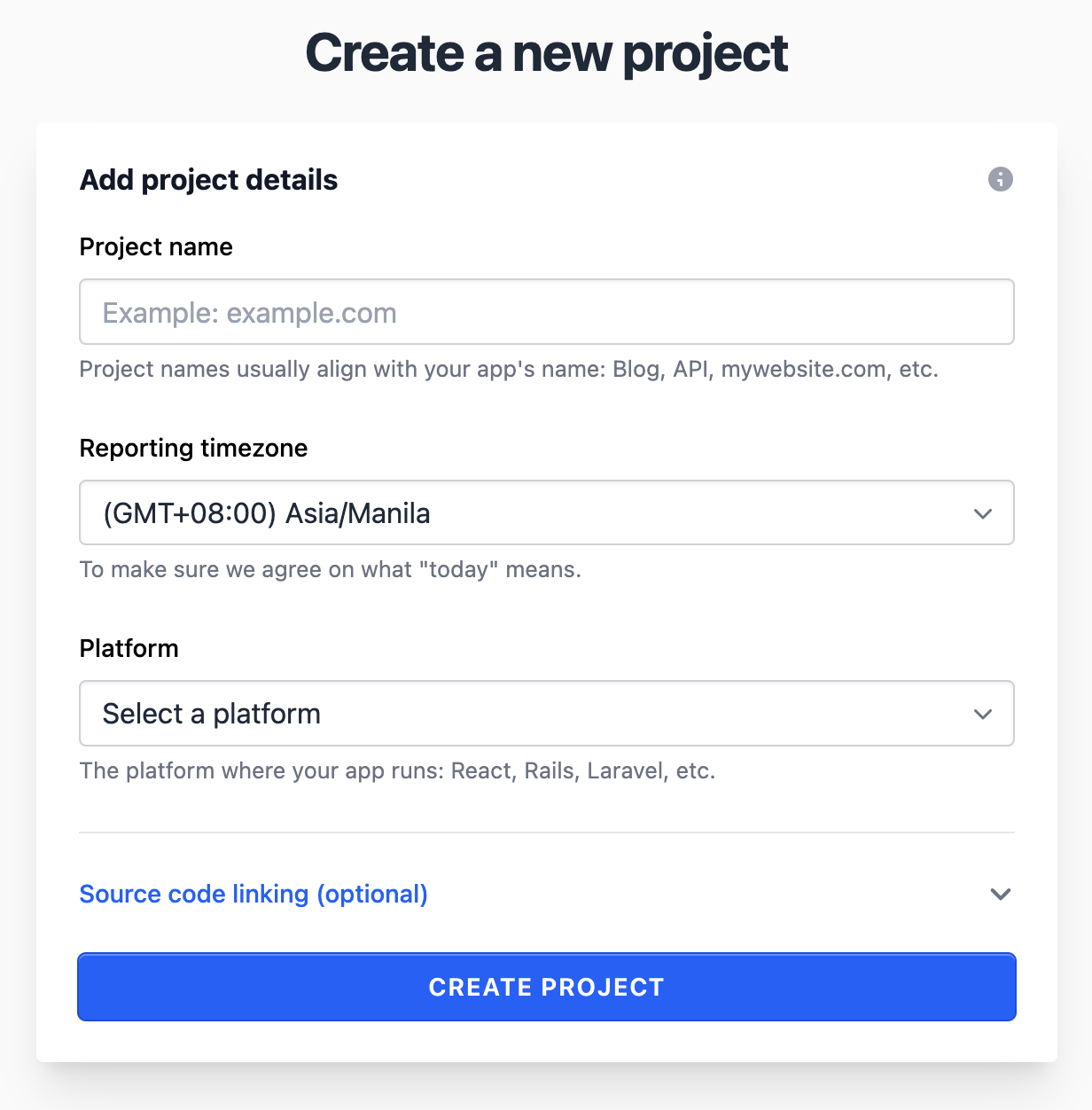 The Telebugs new-project form with Asia/Manila selected automatically as the reporting timezone.