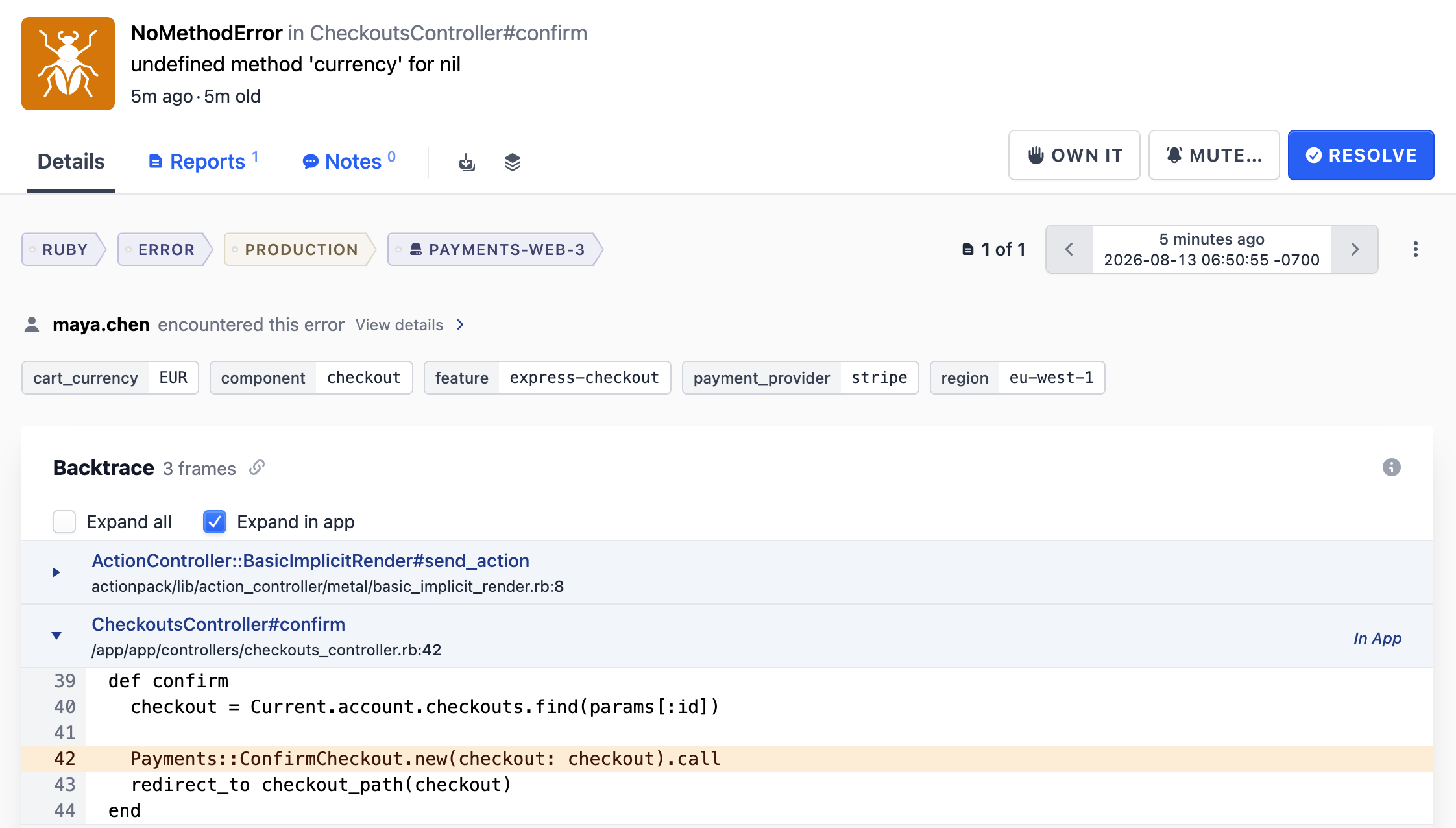 A Telebugs error report with an affected-user summary, compact tags, and a backtrace frame without an unusable source action.