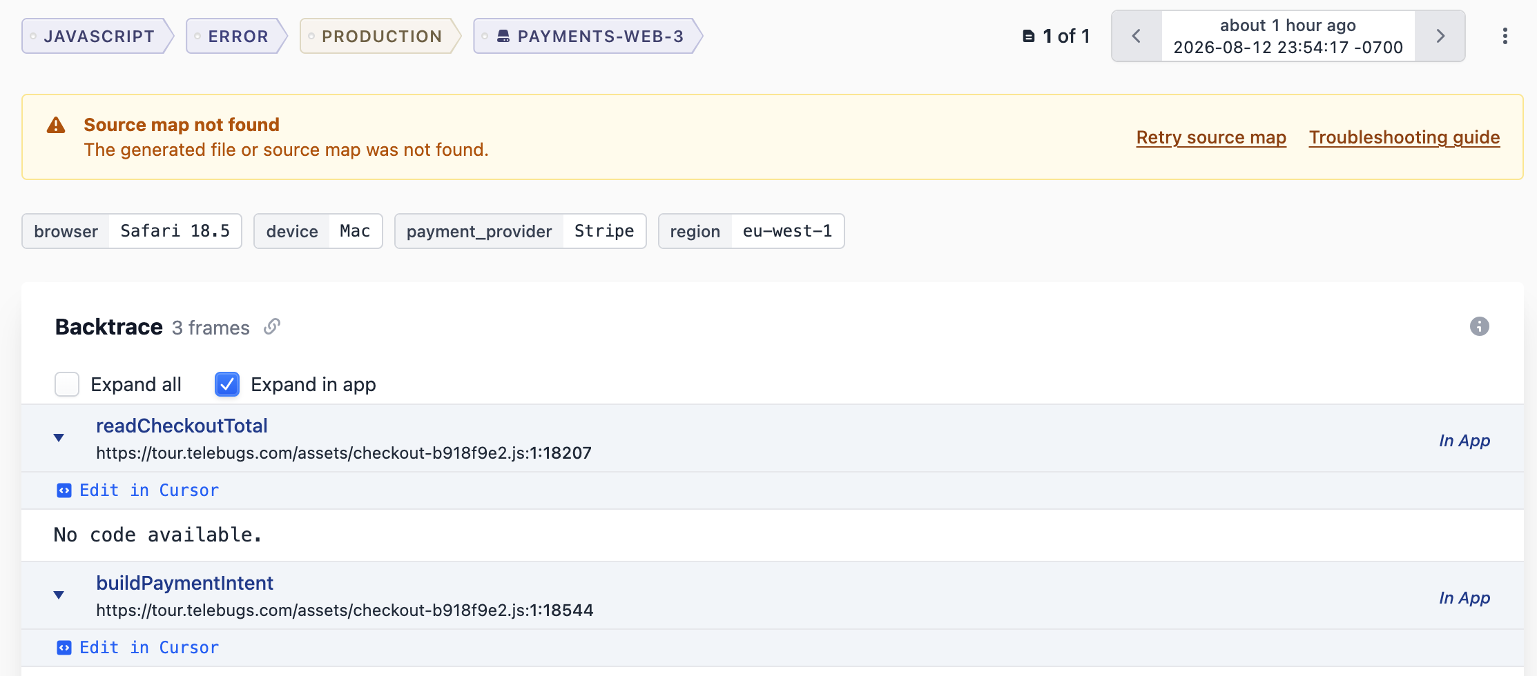 A JavaScript error report showing that its source map was not found, with actions to retry or open the troubleshooting guide.