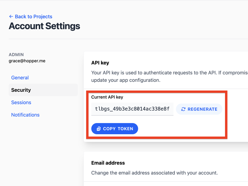 Screenshot of personal API key generation in Telebugs 1.5.0 settings