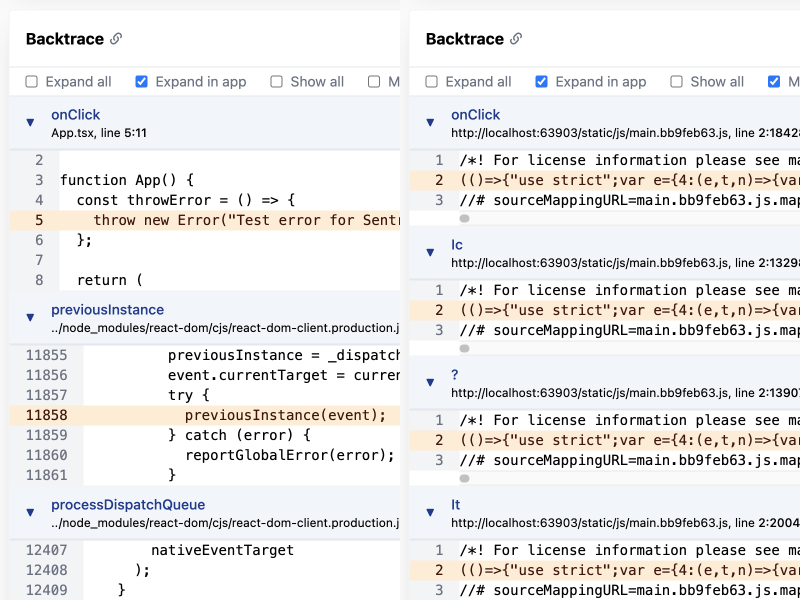 Before and after screenshot showing a minified backtrace resolved to original source code using sourcemaps in Telebugs