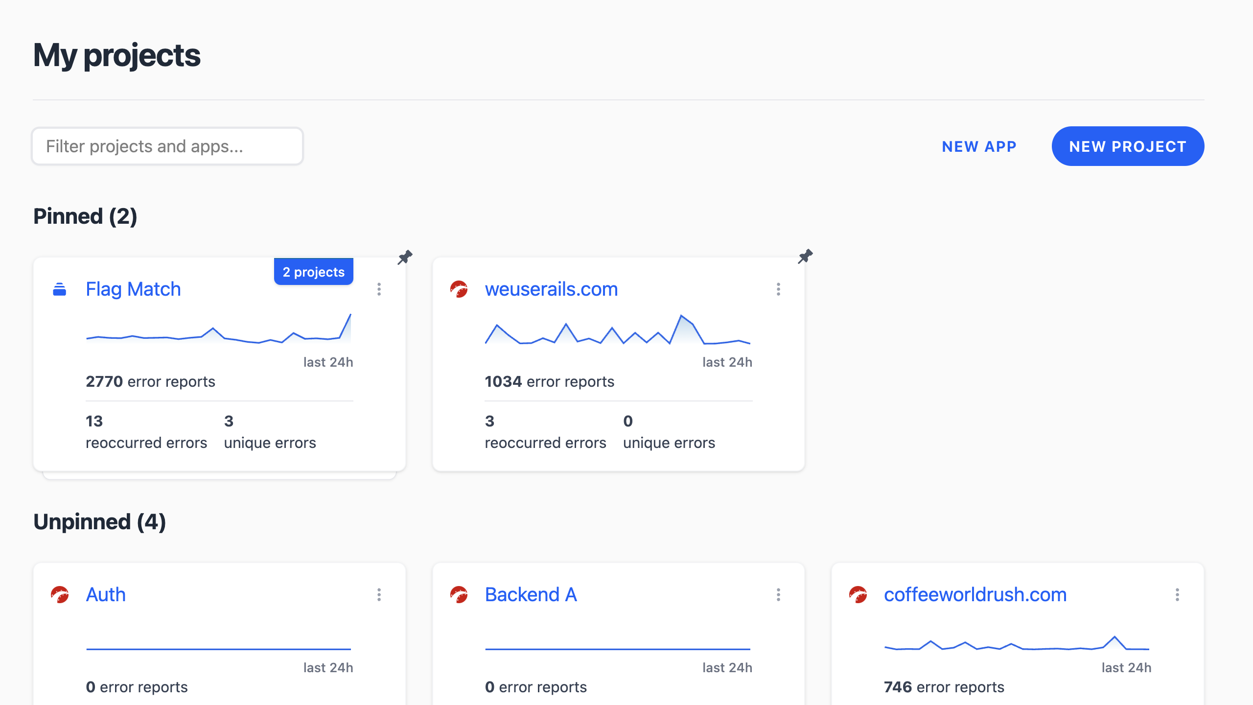 Pinned apps and projects in Telebugs dashboard