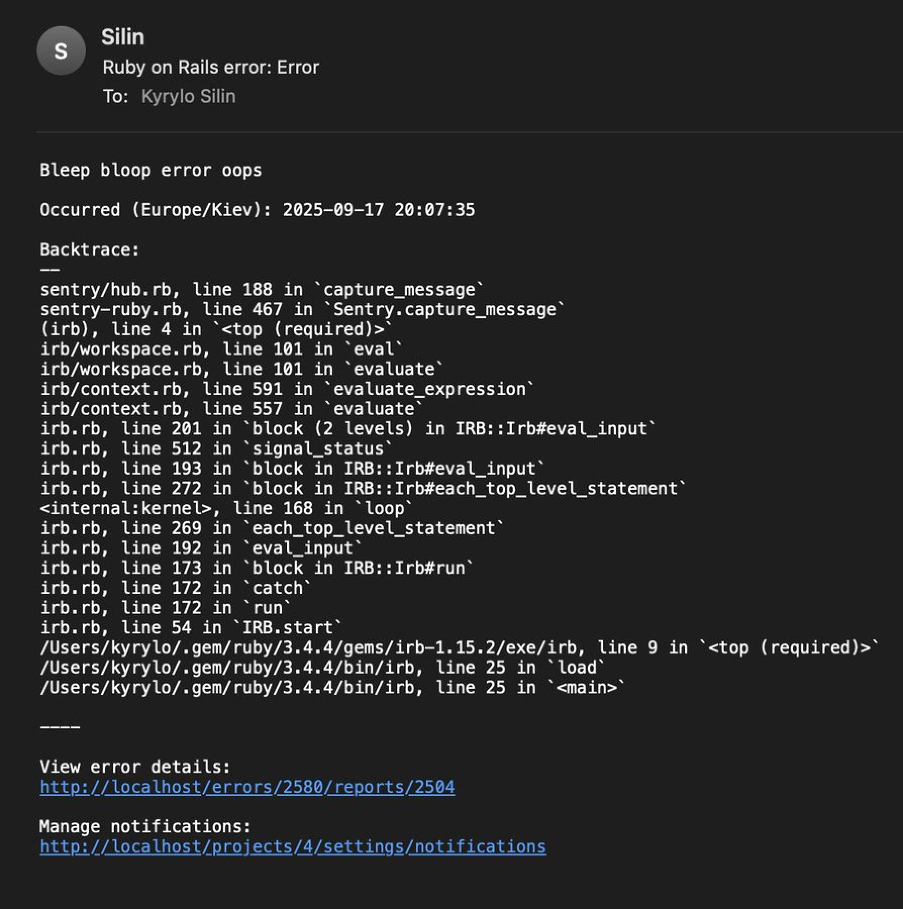Telebugs email notification with backtrace