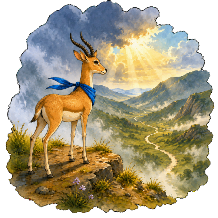 A gazelle wearing a blue scarf surveys a clear trail through a sunlit valley