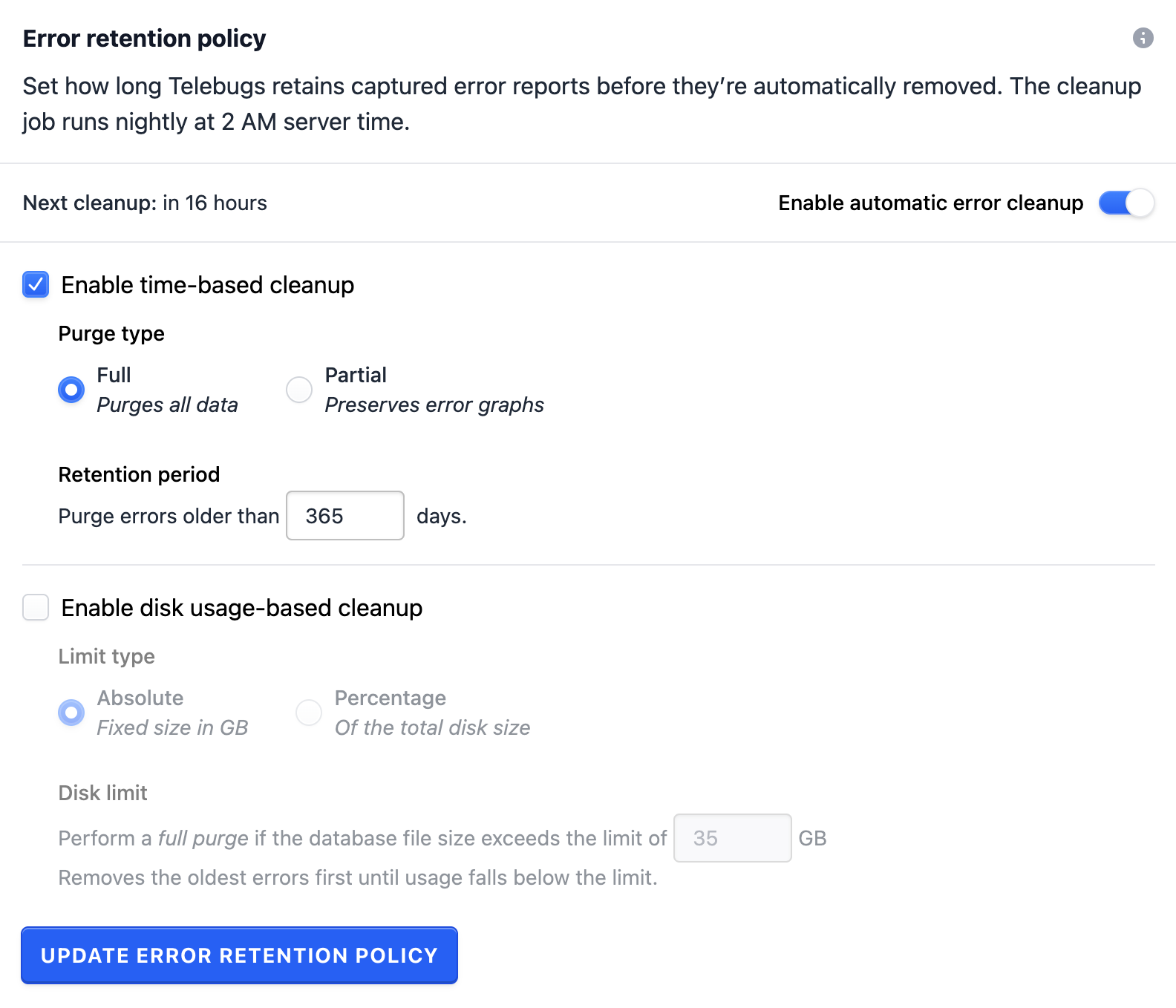 Control data retention policies on your own Telebugs server