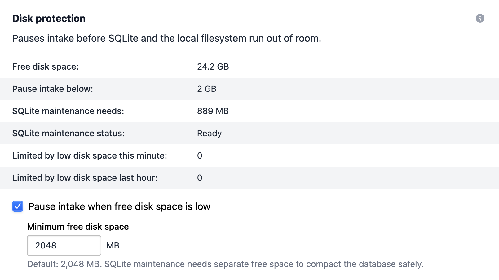 Telebugs disk protection settings showing free space, SQLite maintenance needs, and the intake threshold