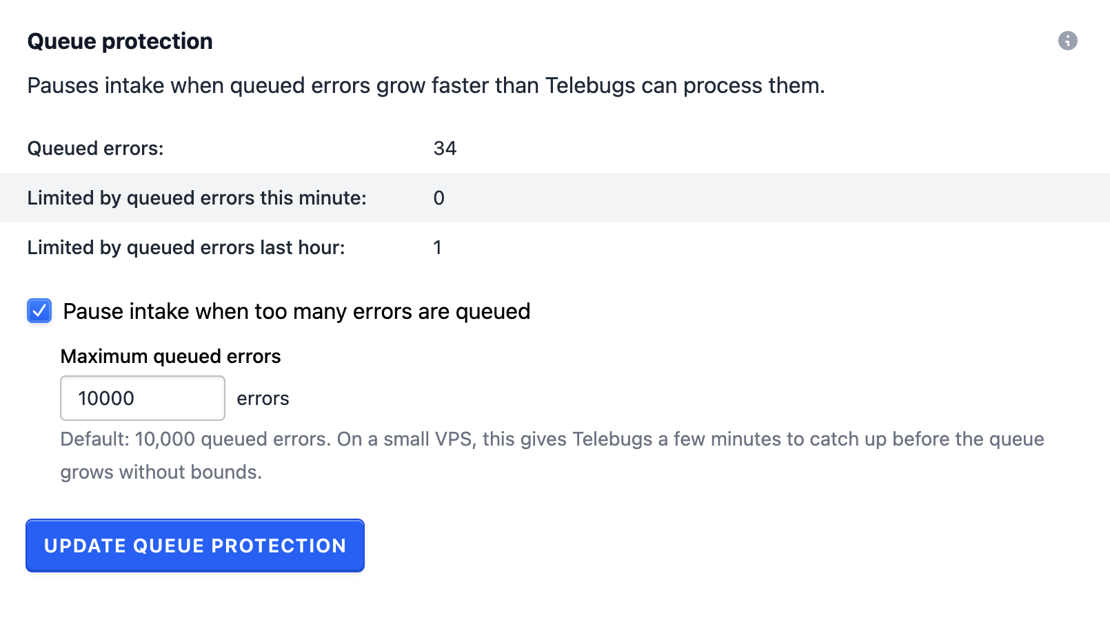 Telebugs queue protection settings showing queued errors and a configurable maximum