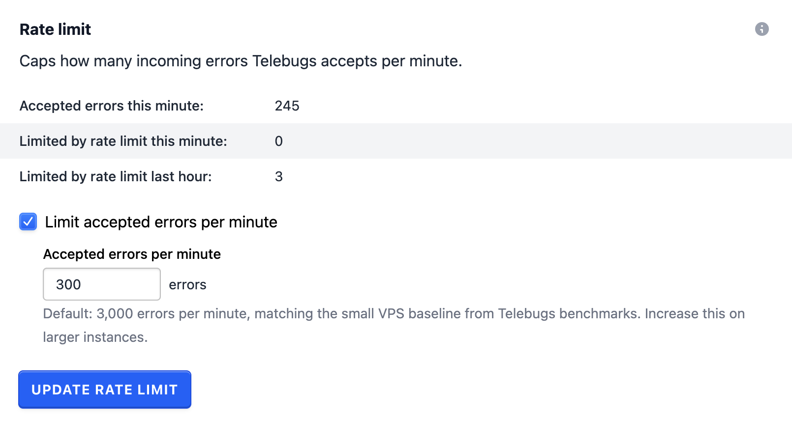 Telebugs rate limit settings showing accepted and limited errors with a configurable per-minute ceiling