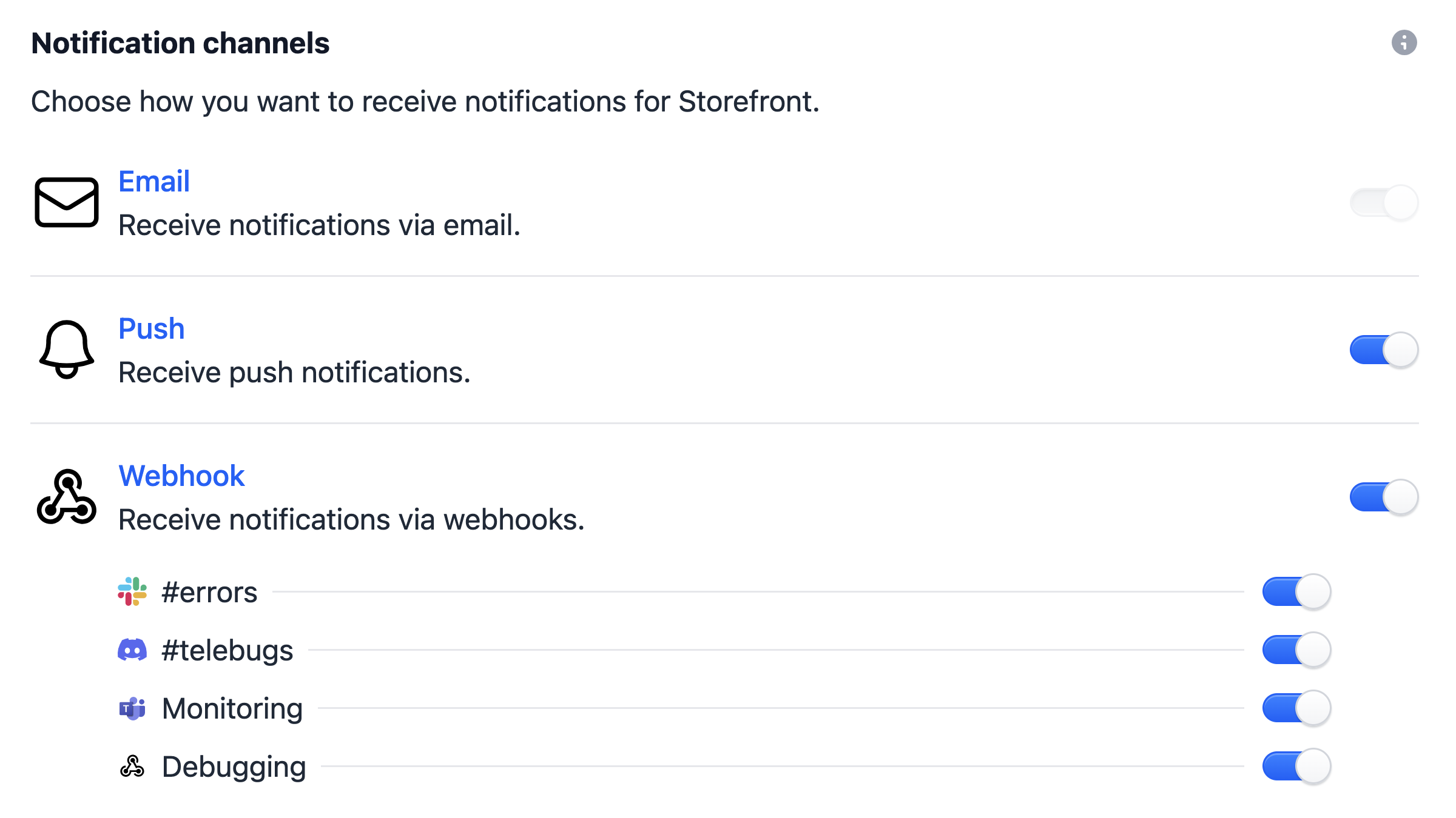 Telebugs notification channels for email, browser push, Slack, Discord, Microsoft Teams, and custom webhooks