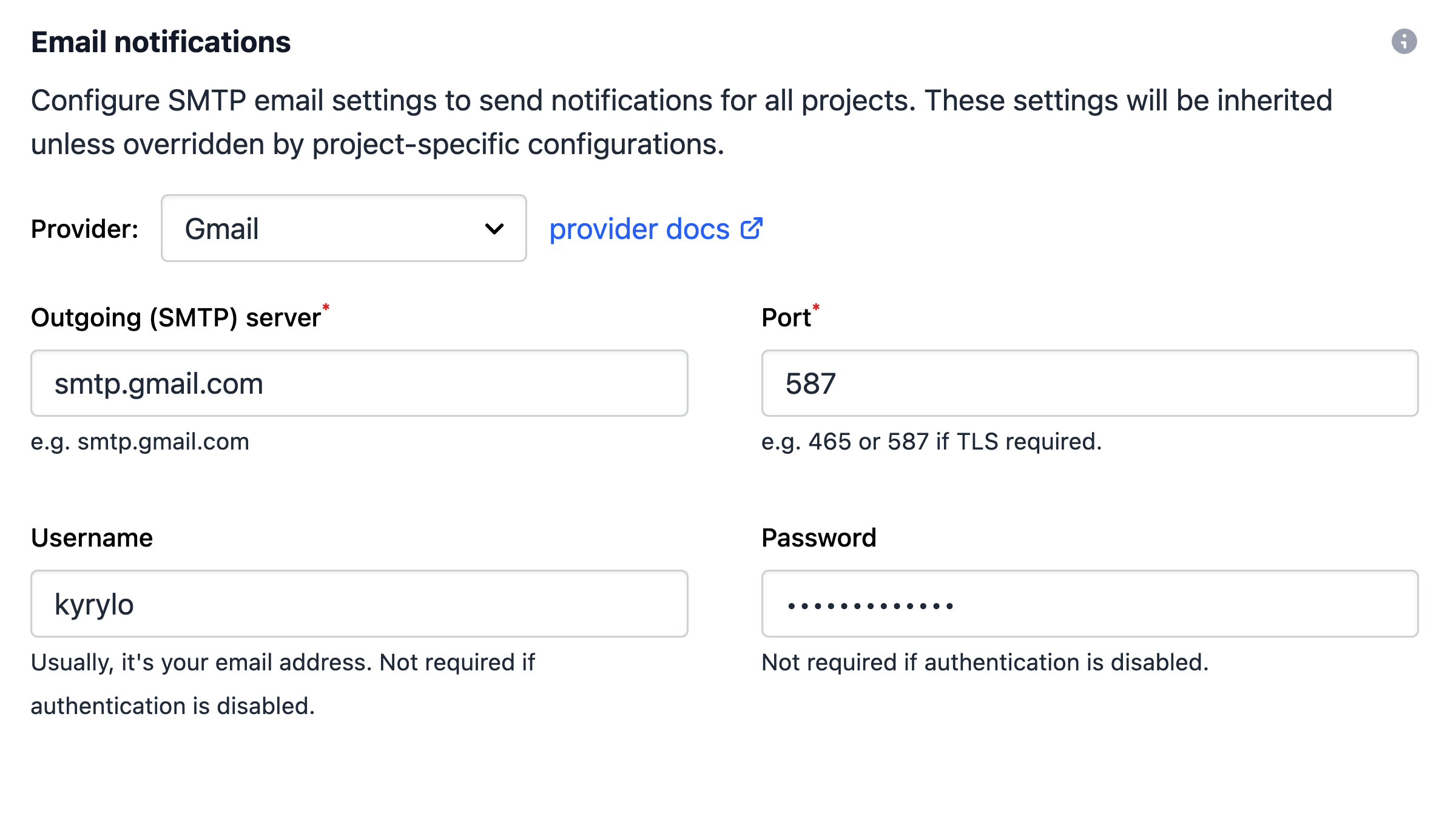 Telebugs email notification configuration with SMTP provider, server, username, and password settings