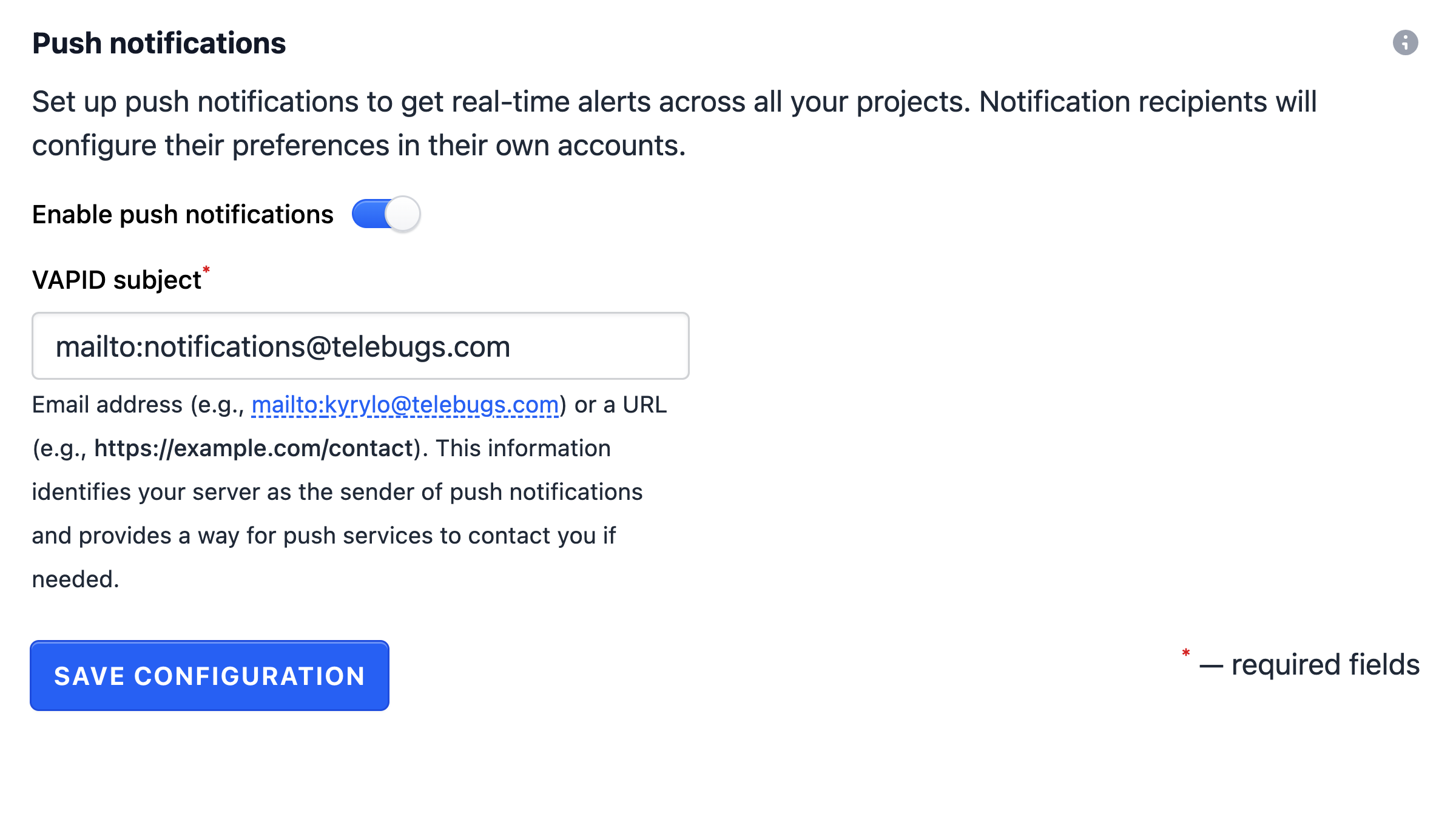 Telebugs push notification configuration with VAPID settings