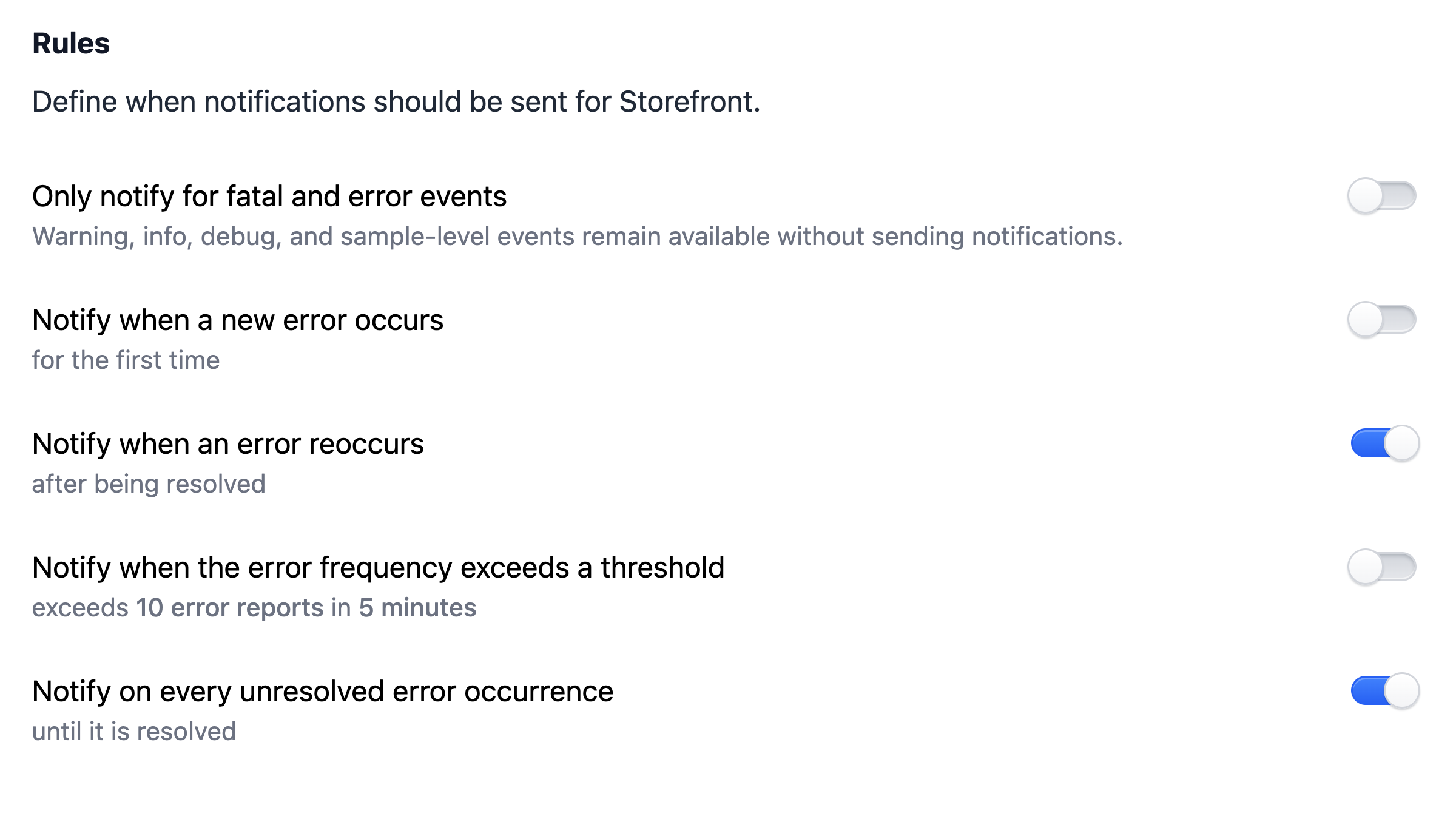 Telebugs project notification rules for severity, new errors, recurrences, frequency thresholds, and unresolved occurrences