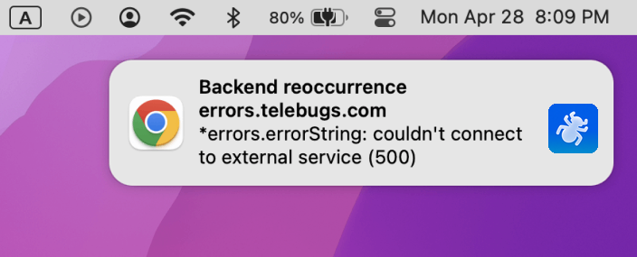 A Telebugs push notification in the corner of a laptop screen