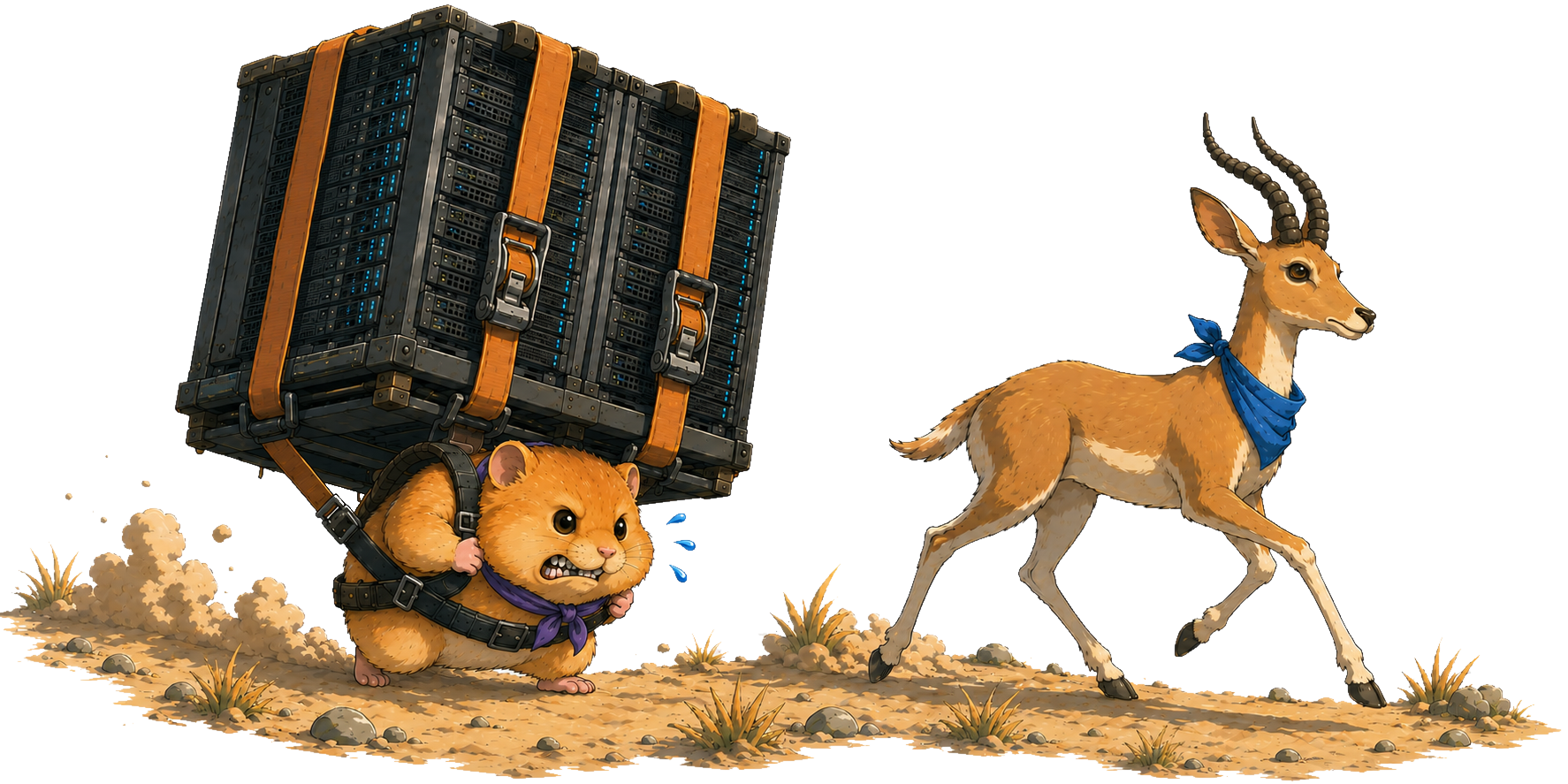 A hamster struggling beneath a strapped server rack beside a gazelle traveling light