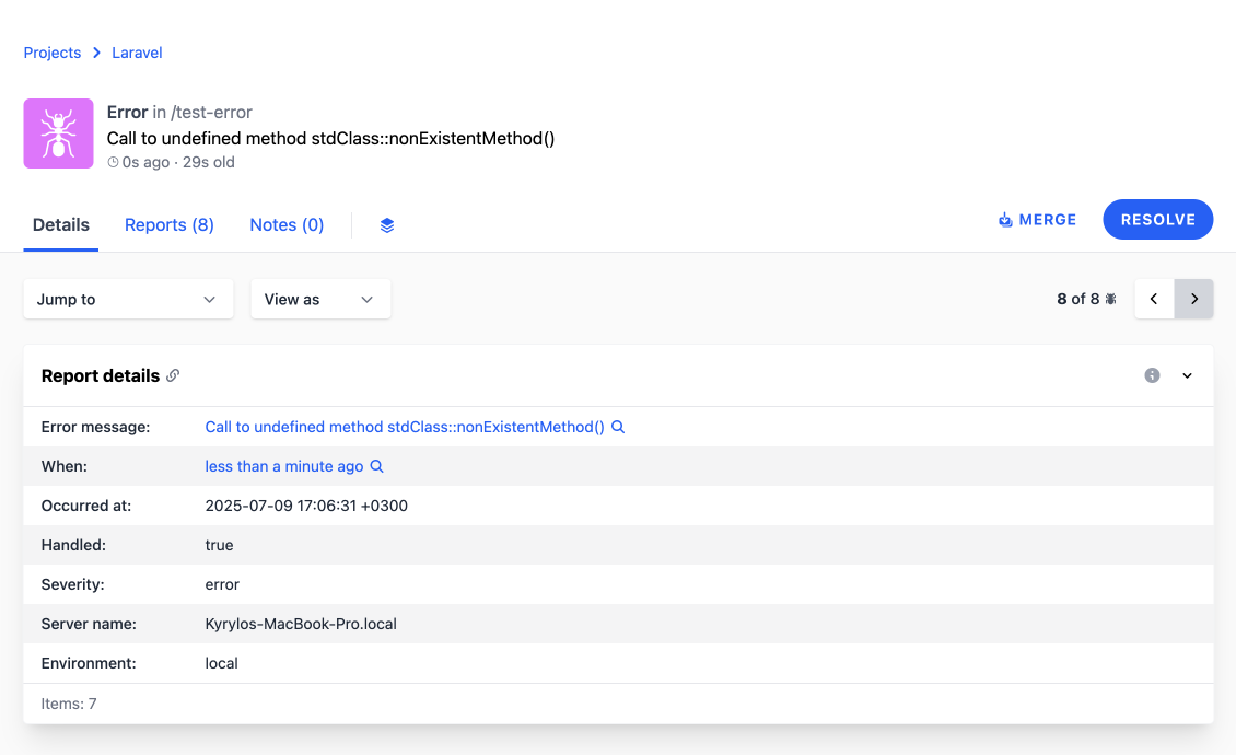 A detailed error report for Laravel error tracking captured by Telebugs