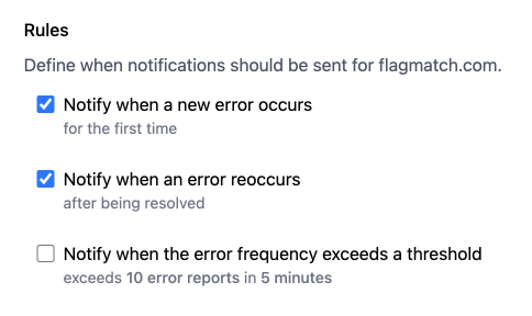 Notification rules in a Telebugs project for customized error monitoring