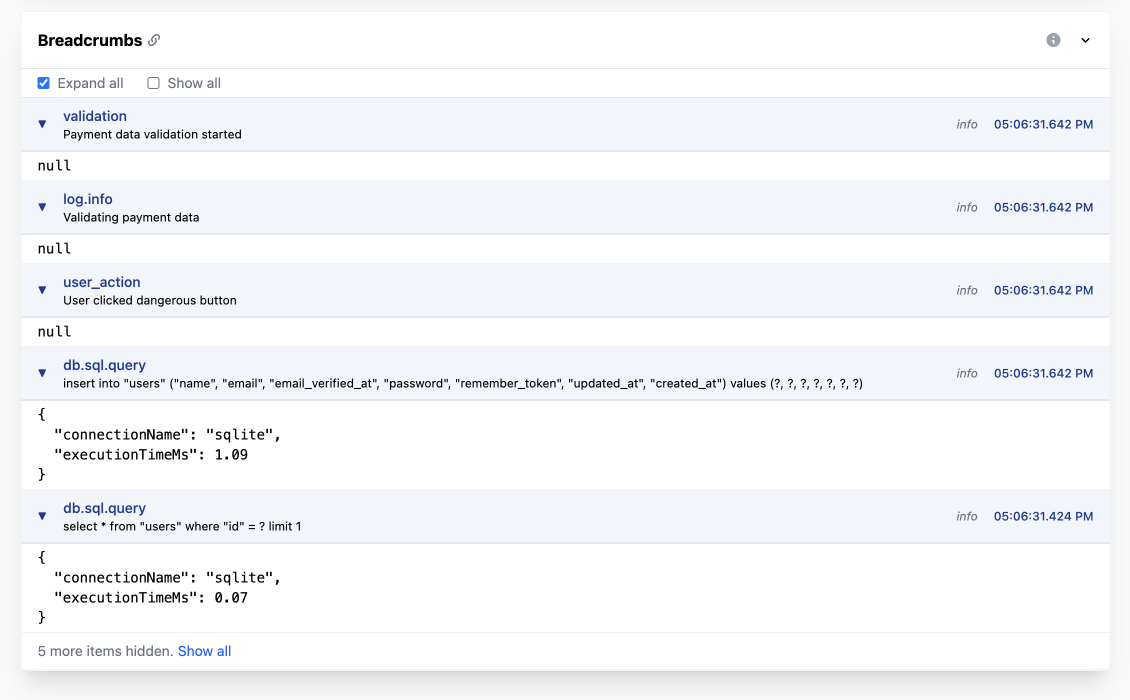 Laravel error breadcrumb example to enhance exception handling