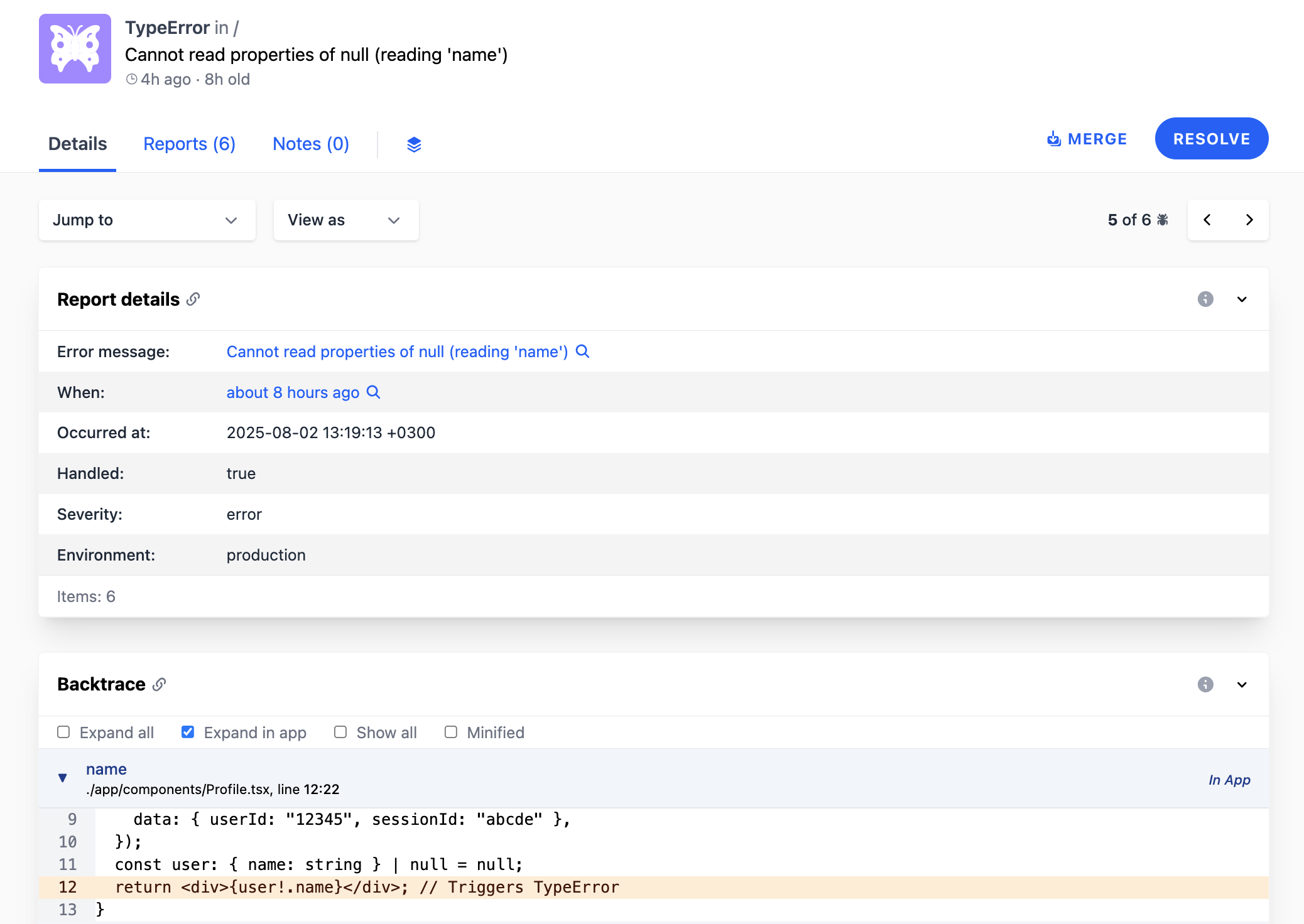 A detailed error report for Next.js error tracking captured by Telebugs
