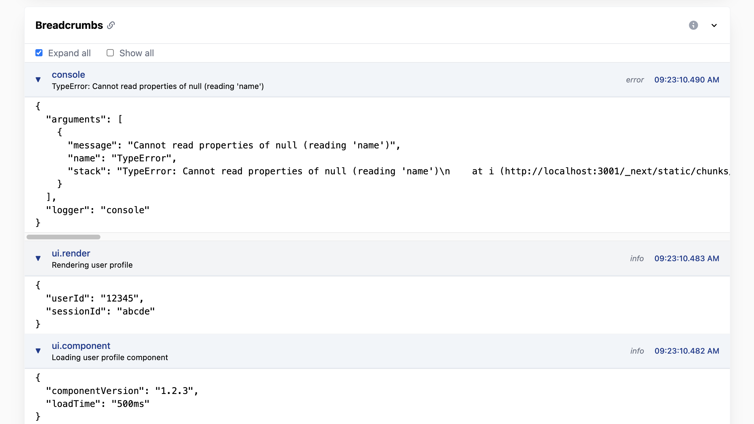 Next.js error breadcrumb example in Telebugs to enhance exception handling