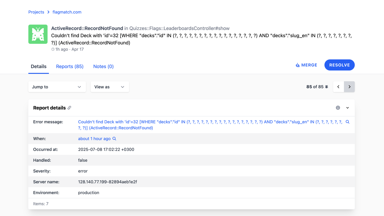 A detailed error report for Rails error tracking captured by Telebugs
