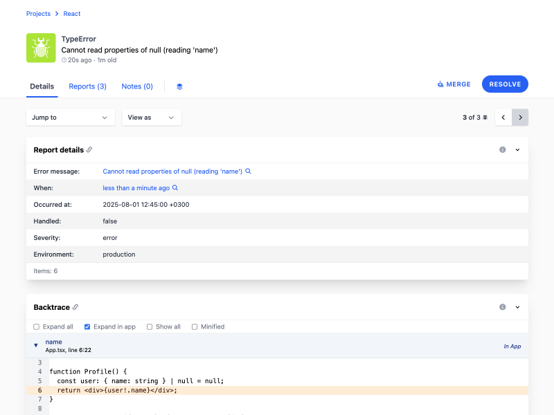 A detailed error report for React error tracking captured by Telebugs
