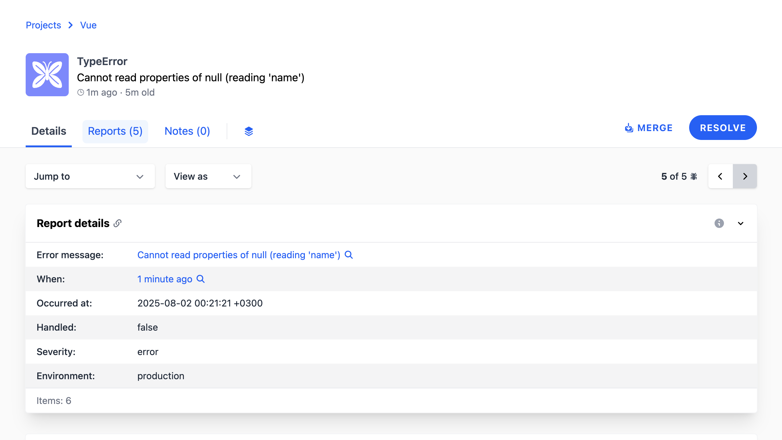 A detailed error report for Vue error tracking captured by Telebugs